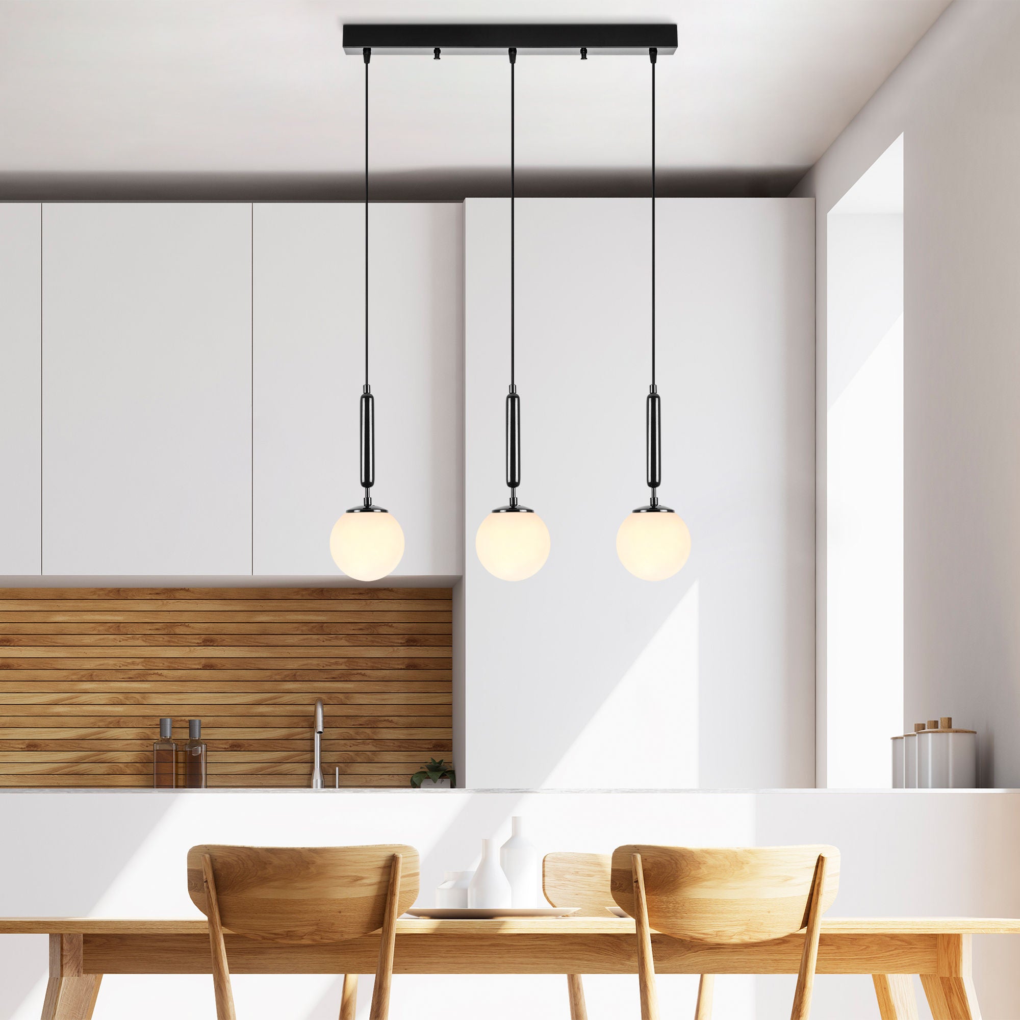 Candeeiro de Teto Industrial Moderno, Preto e Branco, 62 x 15 x 134 cm | Corpo em Metal, Tampa de Vidro, Altura Ajustável, 3 Soquetes E14 | Design Escandinavo Elegante