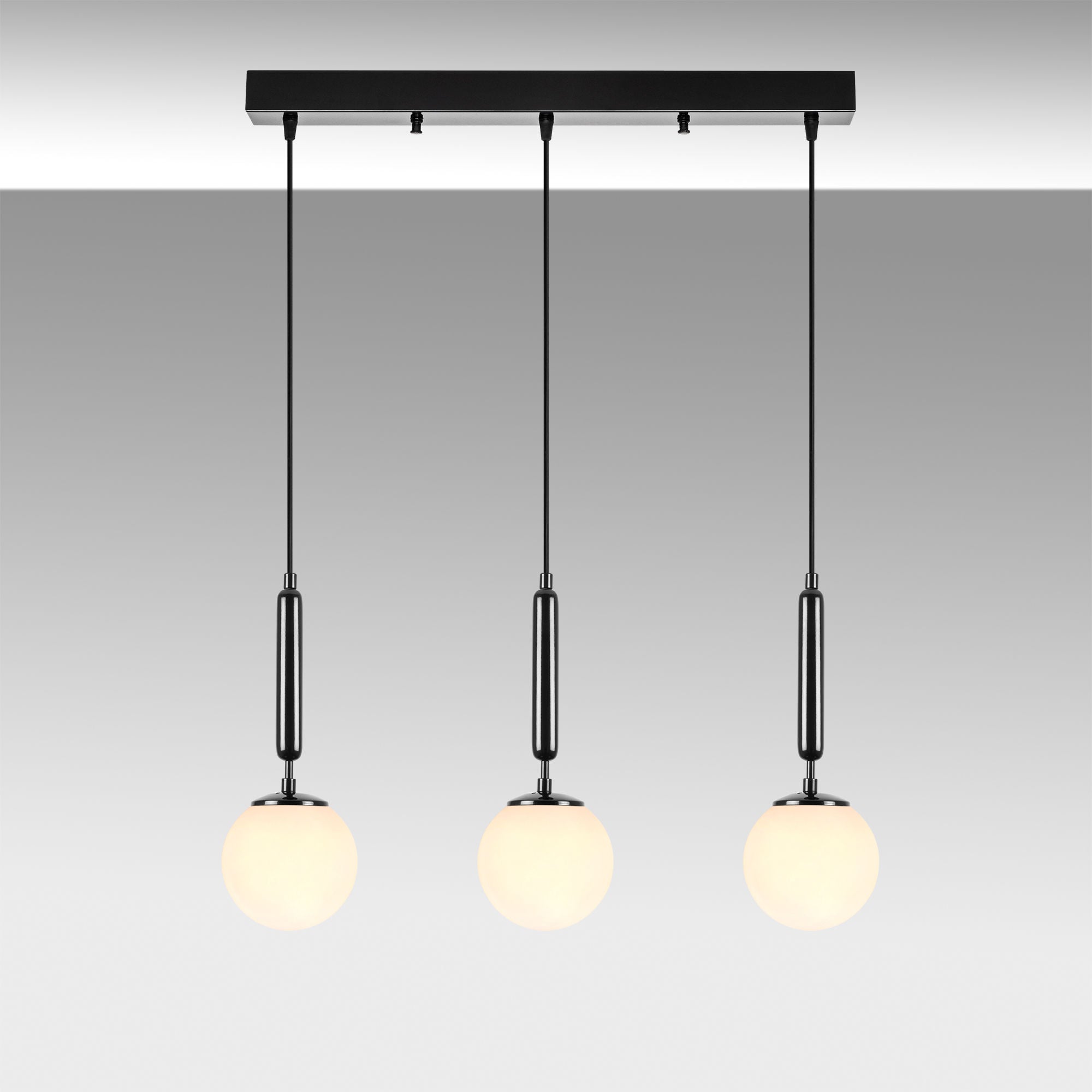 Candeeiro de Teto Industrial Moderno, Preto e Branco, 62 x 15 x 134 cm | Corpo em Metal, Tampa de Vidro, Altura Ajustável, 3 Soquetes E14 | Design Escandinavo Elegante