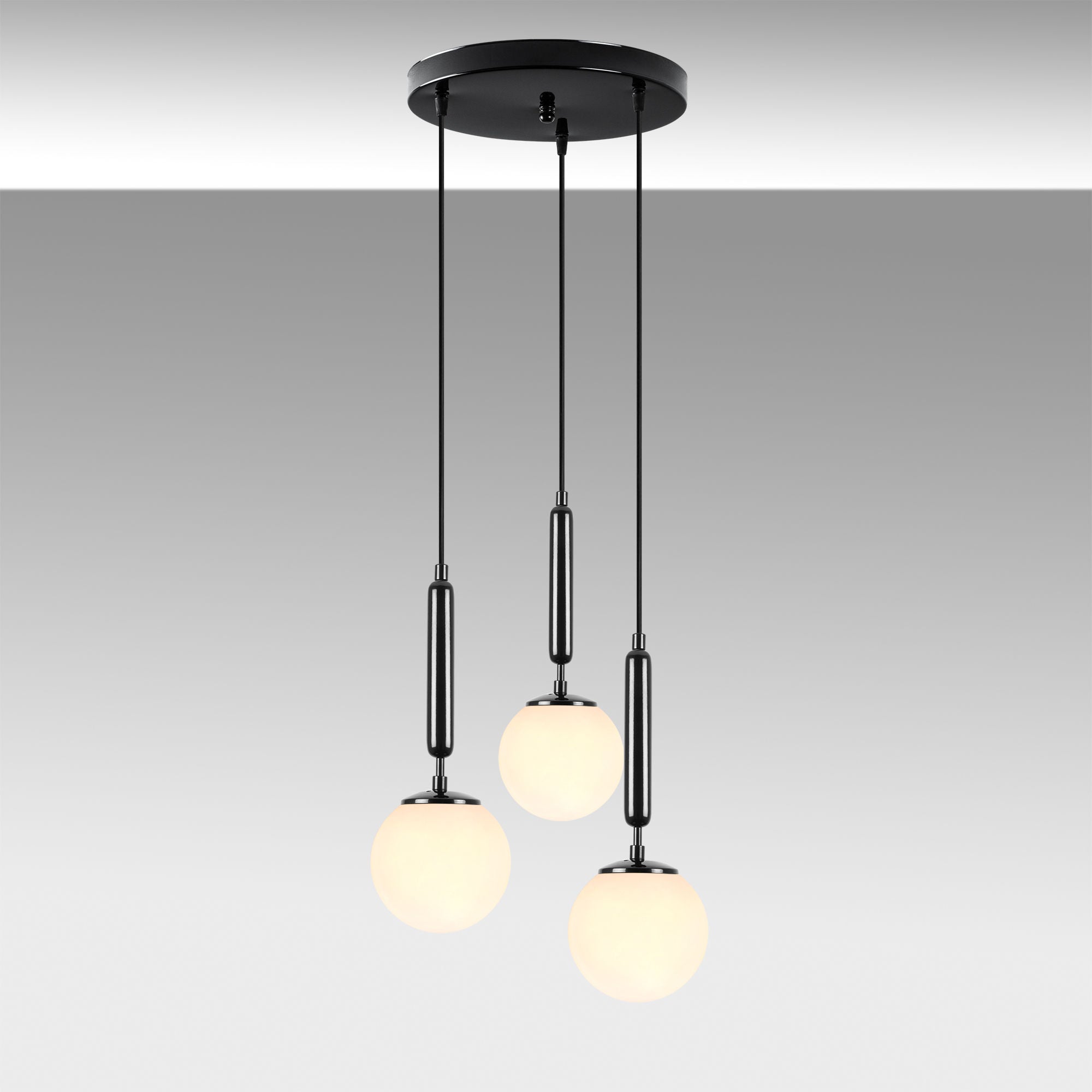 Candeeiro de Teto Industrial Moderno, Preto e Branco, 34 x 34 x 134 cm | Corpo em Metal, Tampa de Vidro, Altura Ajustável, 3 Soquetes E14 | Iluminação Elegante para Casa e Escritório
