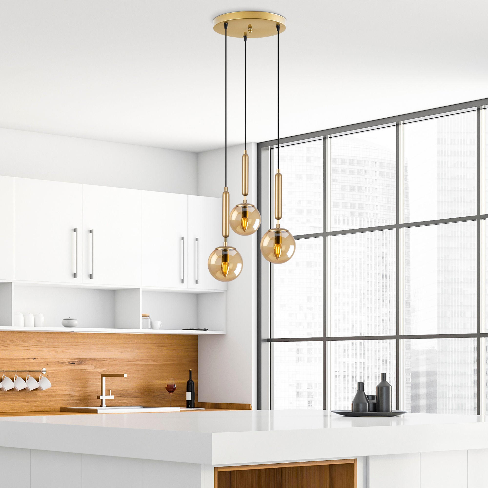 Candeeiro de Teto Dourado Elegante, Corpo em Metal, 34 x 34 x 134 cm | Altura Ajustável, 3 x E14 Máx. 40 W | Design Escandinavo Moderno, Perfeito para Espaços Glamourosos