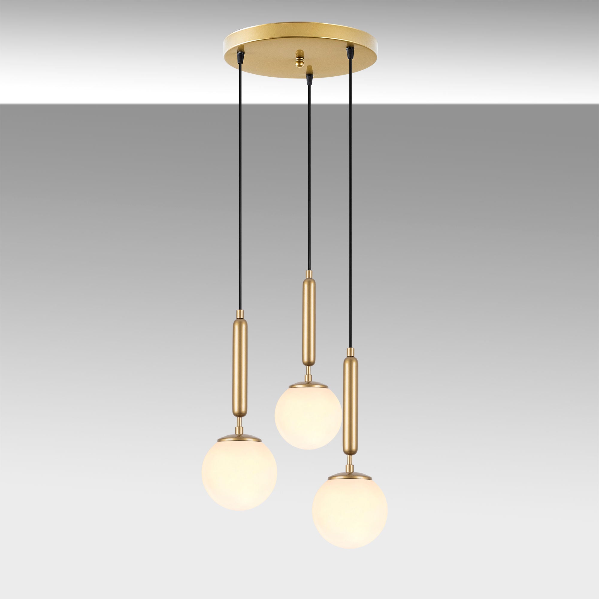 Candeeiro de Teto Dourado Elegante, Corpo em Metal, 34 x 34 x 134 cm | Altura Ajustável, 3 x E14 Máx. 40 W | Design Escandinavo Moderno, Perfeito para Espaços Glamourosos