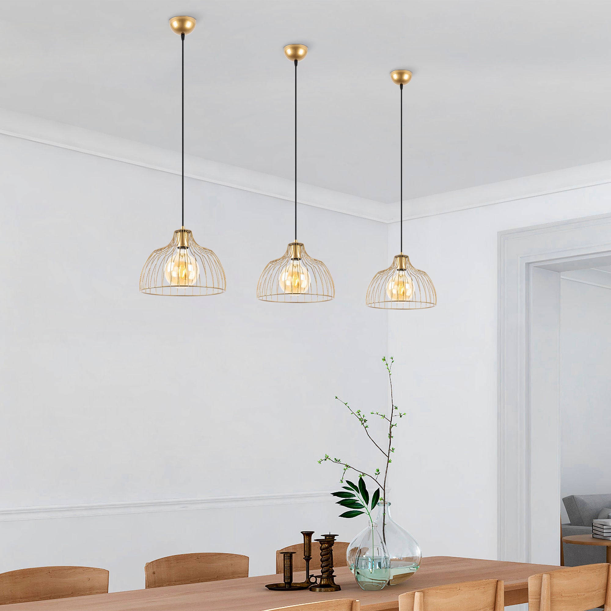 Candeeiro de Teto Dourado Elegante, Corpo em Metal, 28 x 28 x 126 cm | Altura Ajustável, Soquete E27, Design Moderno | Perfeito para Decoração Glamourosa