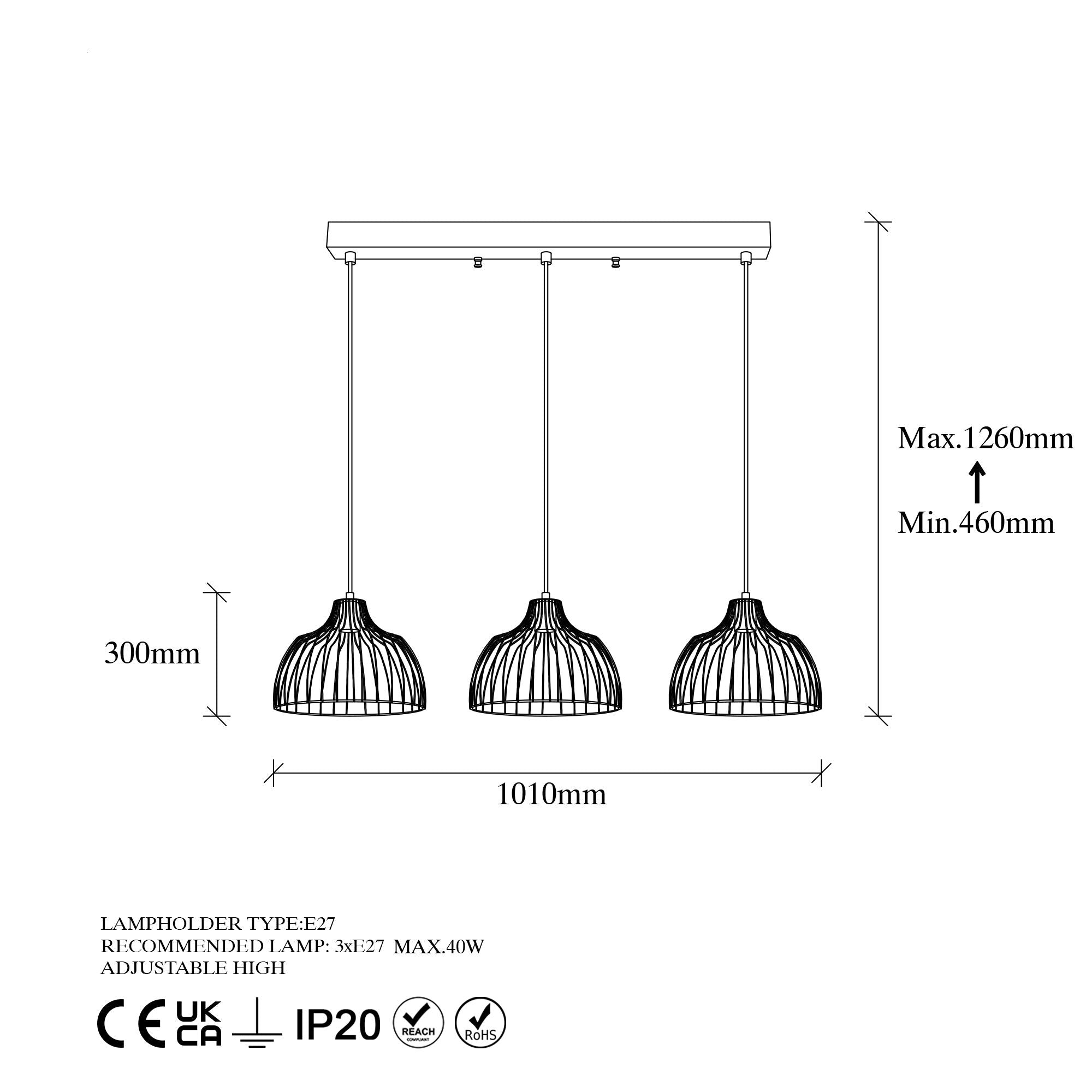 Candeeiro de Teto Dourado Elegante, Corpo em Metal, 101 x 28 x 126 cm | Altura Ajustável, 3 x E27, Máx. 40 W | Design Glamour Moderno para Interiores Elegantes