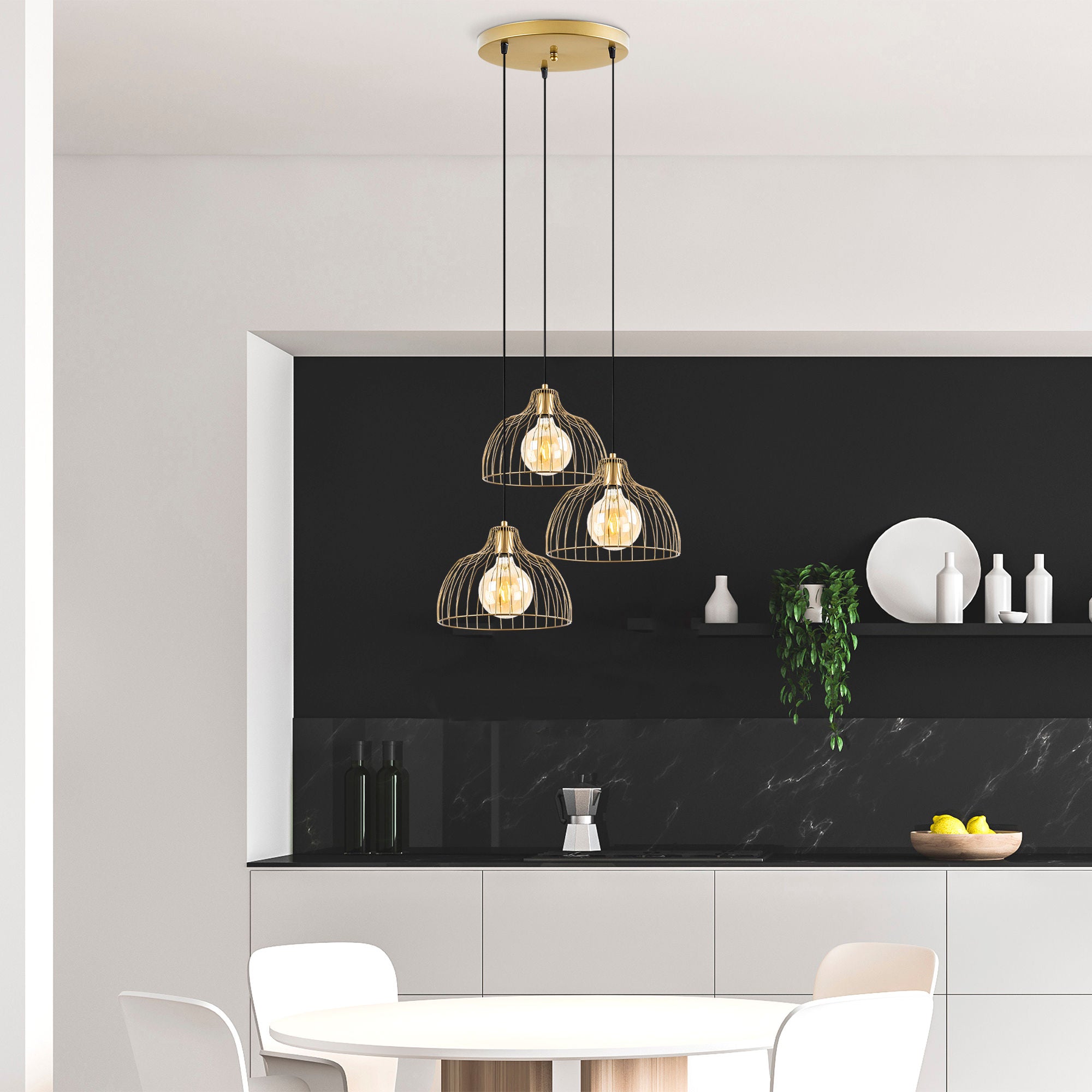 Candeeiro de Teto Dourado Elegante, Corpo em Metal, 56 x 56 x 126 cm | Altura Ajustável, 3 Soquetes E27, Design Moderno e Glamouroso | Perfeito para Salas de Estar e Jantar