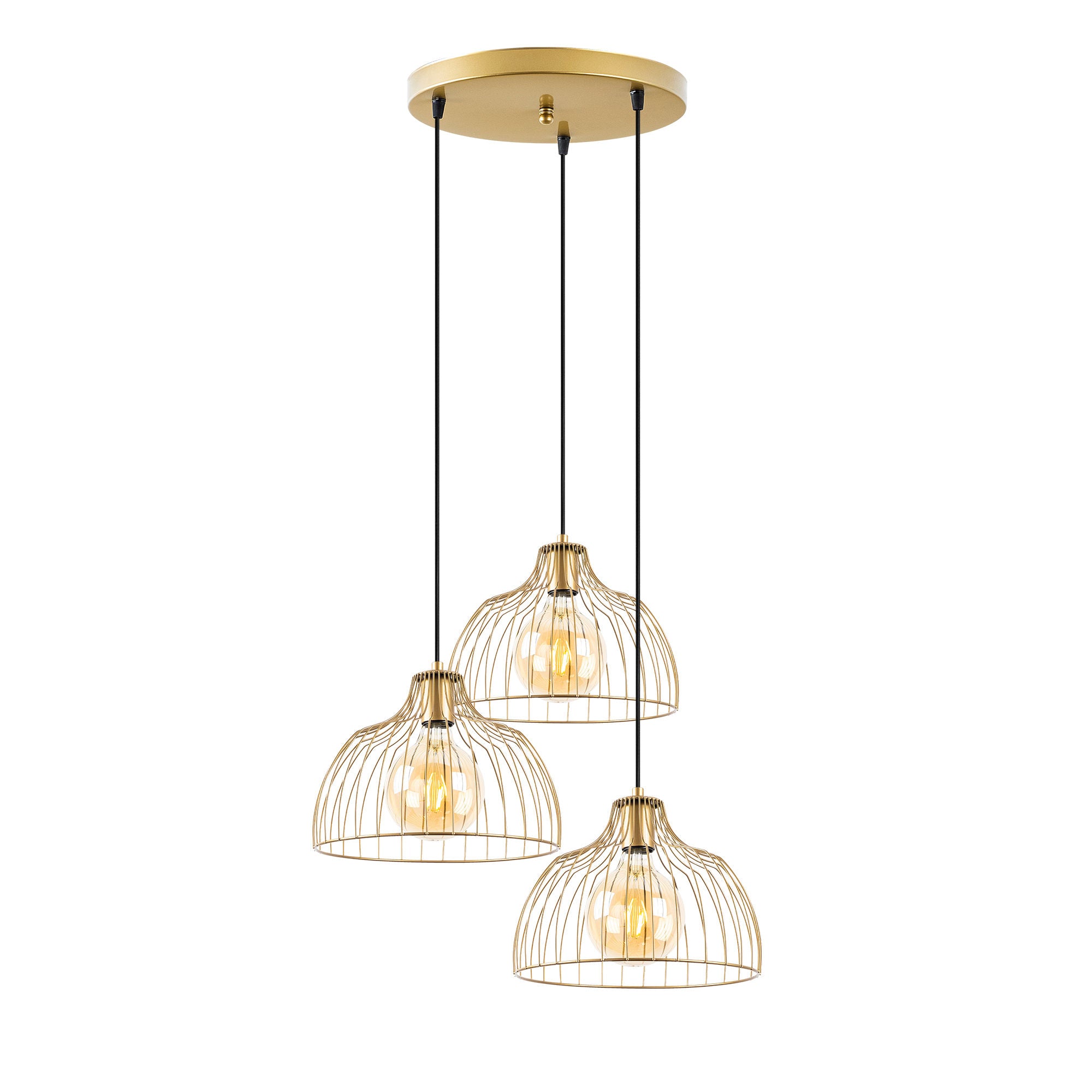Candeeiro de Teto Dourado Elegante, Corpo em Metal, 56 x 56 x 126 cm | Altura Ajustável, 3 Soquetes E27, Design Moderno e Glamouroso | Perfeito para Salas de Estar e Jantar