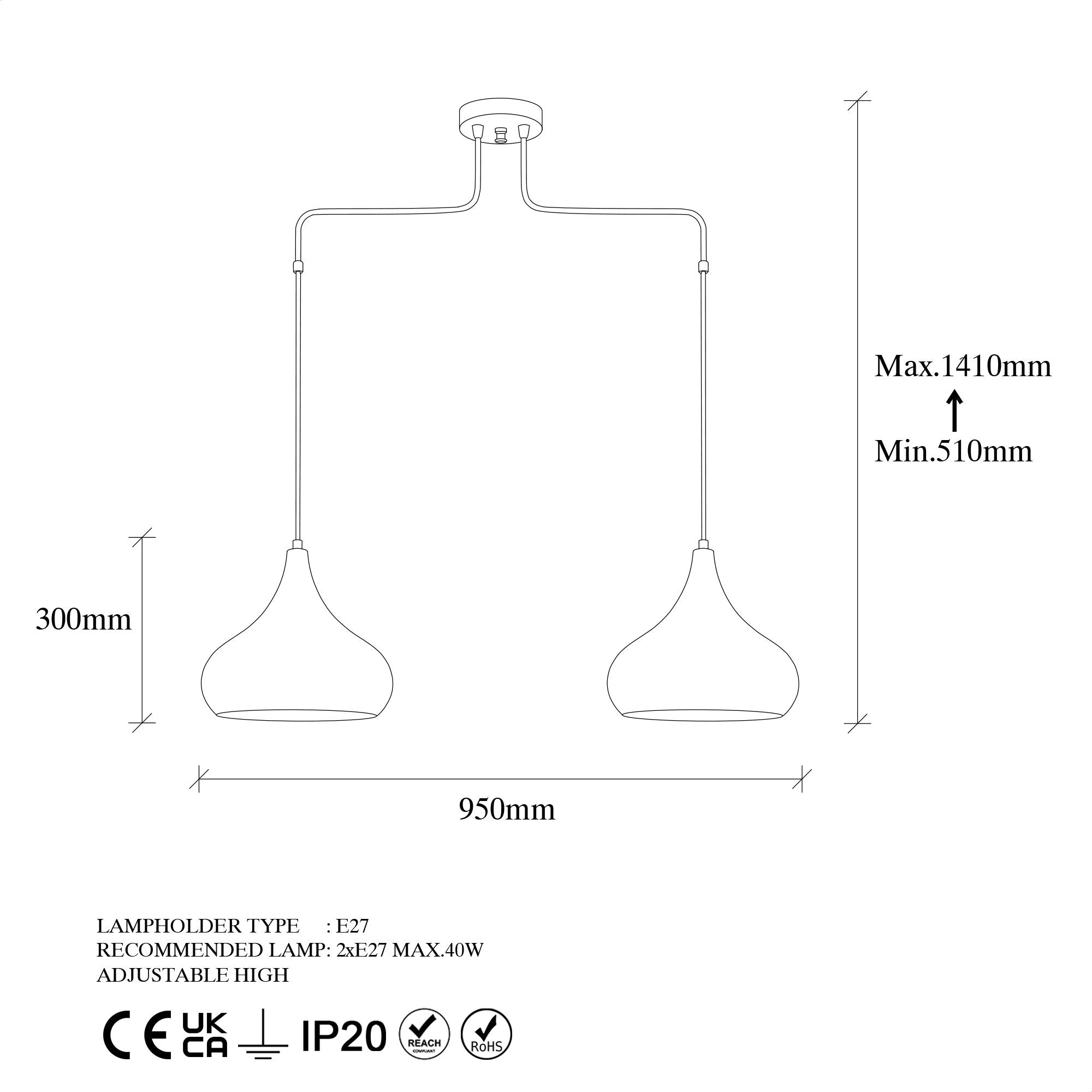 Candeeiro de Teto Elegante de Pátina, Corpo em Metal, 95 x 26 x 141 cm | Altura Ajustável, 2 x E27, Máx. 40 W | Design Escandinavo Moderno para Espaços Glamourosos