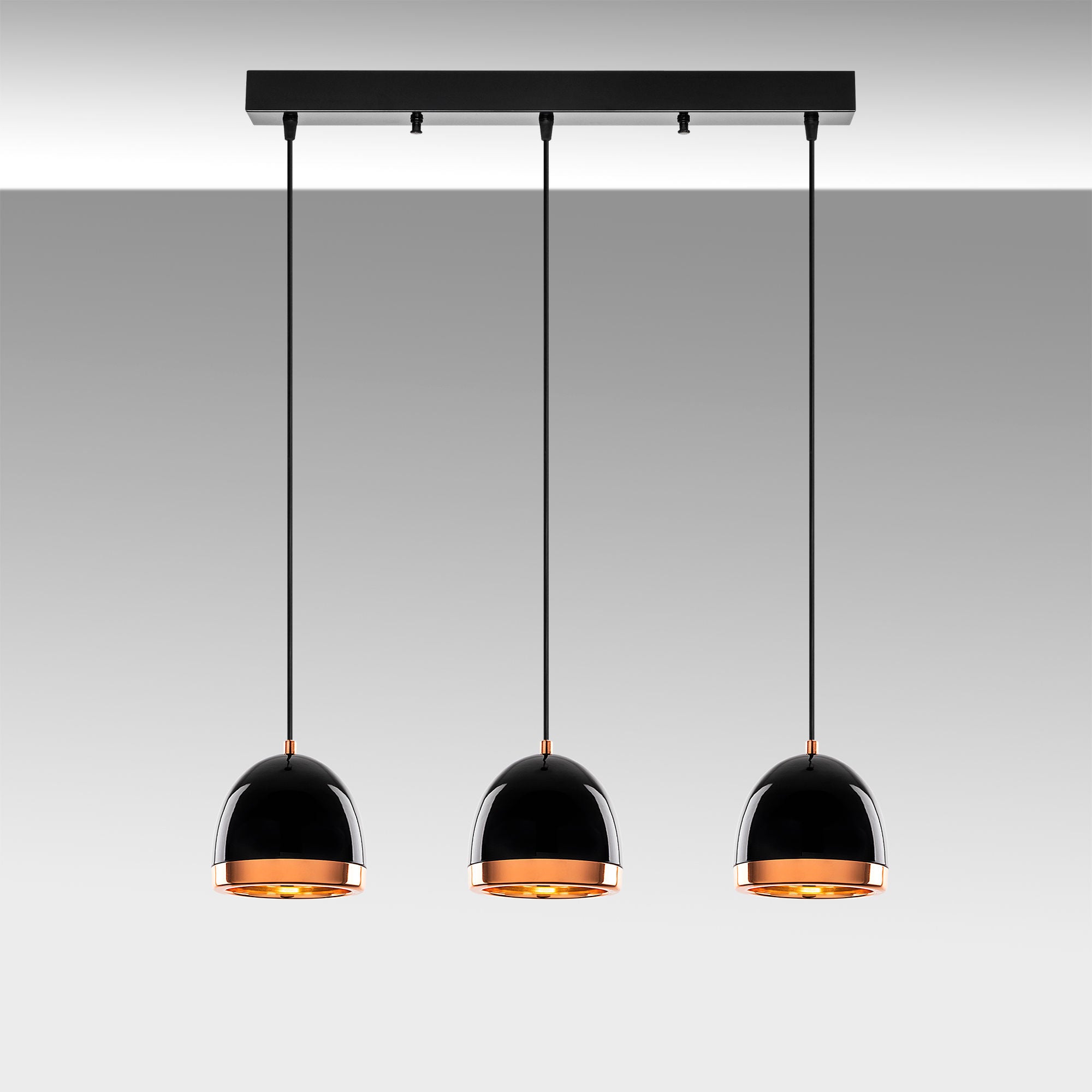 Candeeiro de Teto elegante preto e dourado, corpo de metal, altura ajustável, 62 x 17 x 110 cm | 3 soquetes E27, design industrial moderno para casa e escritório