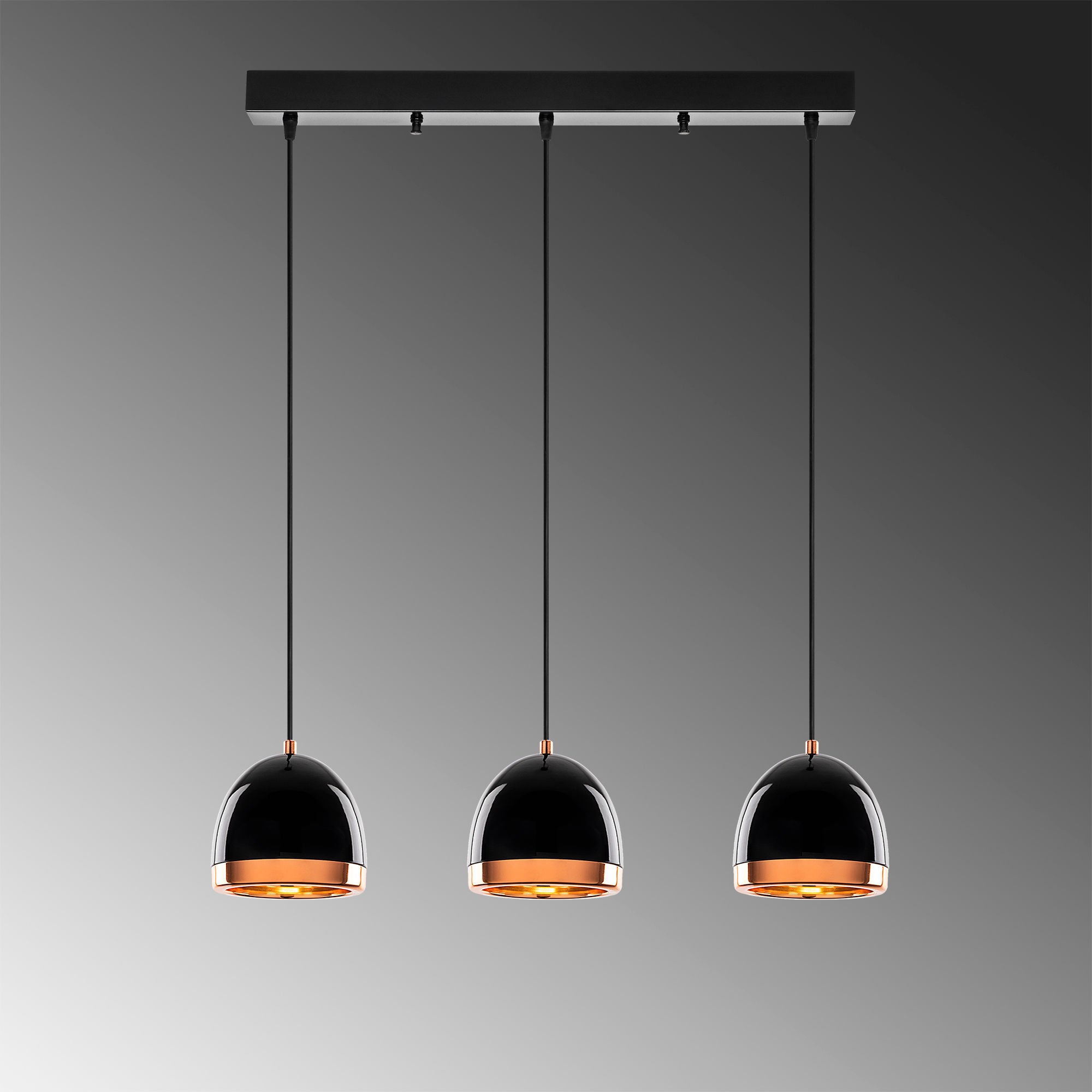Candeeiro de Teto elegante preto e dourado, corpo de metal, altura ajustável, 62 x 17 x 110 cm | 3 soquetes E27, design industrial moderno para casa e escritório