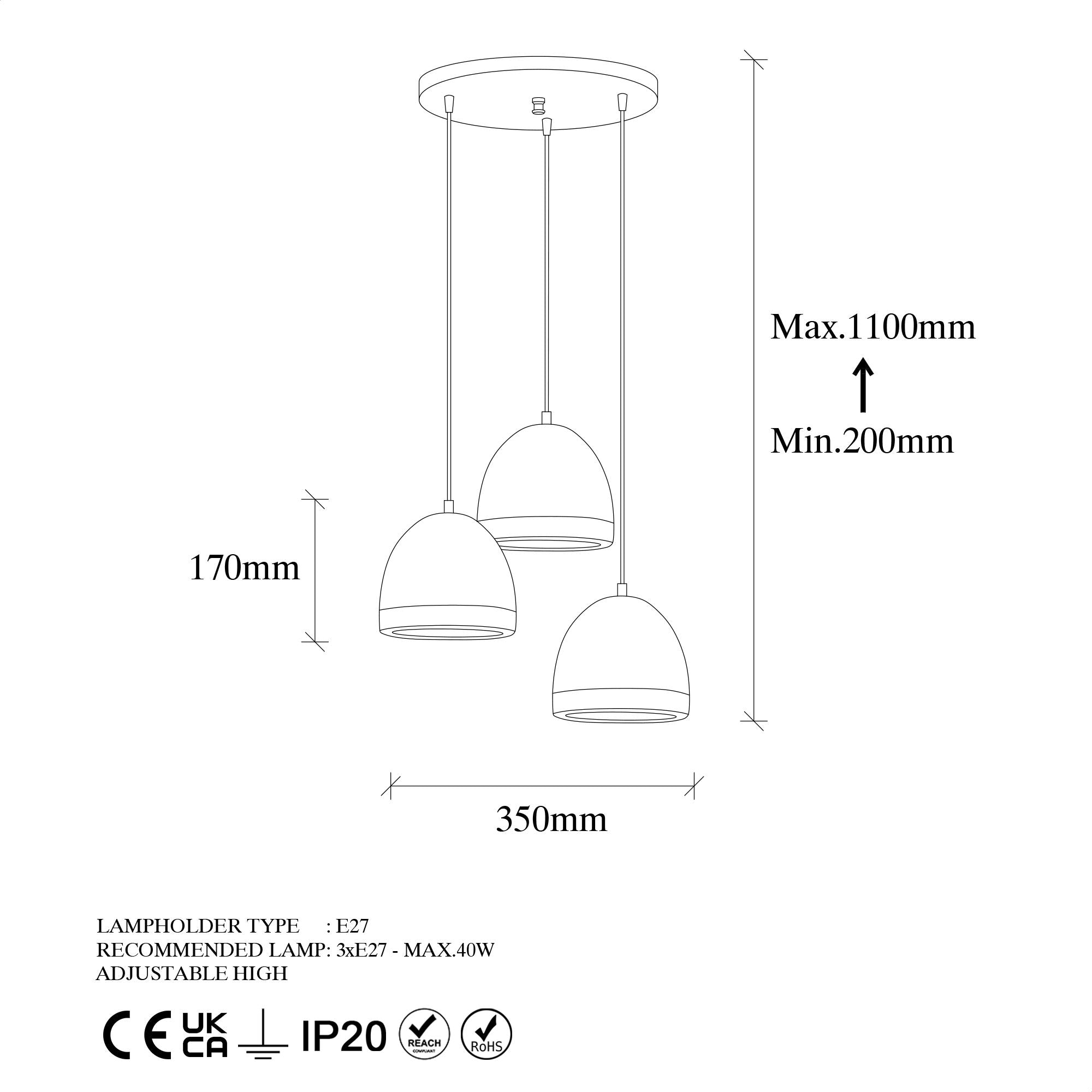 Candeeiro de Teto Elegante Preto e Dourado, 35 x 35 x 110 cm | Corpo em Metal, Altura Ajustável, 3 Soquetes E27 | Design Industrial Moderno para Casa e Escritório