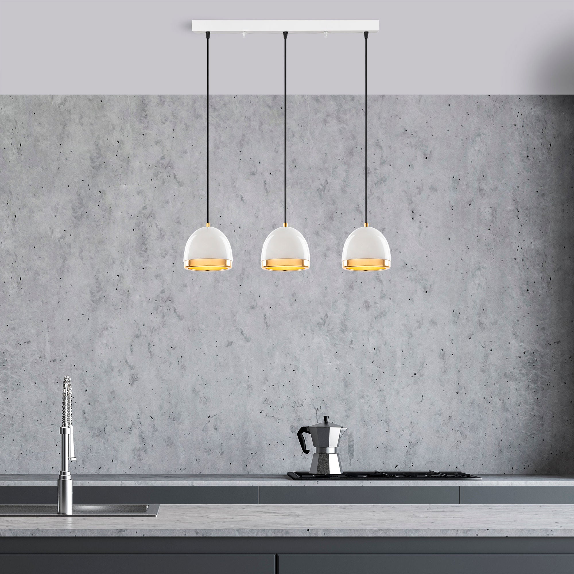 Candeeiro de Teto elegante branco e dourado, corpo de metal, altura ajustável, 62 x 17 x 110 cm | 3 x E27 máx. 40 W | Design escandinavo moderno para decoração de casa