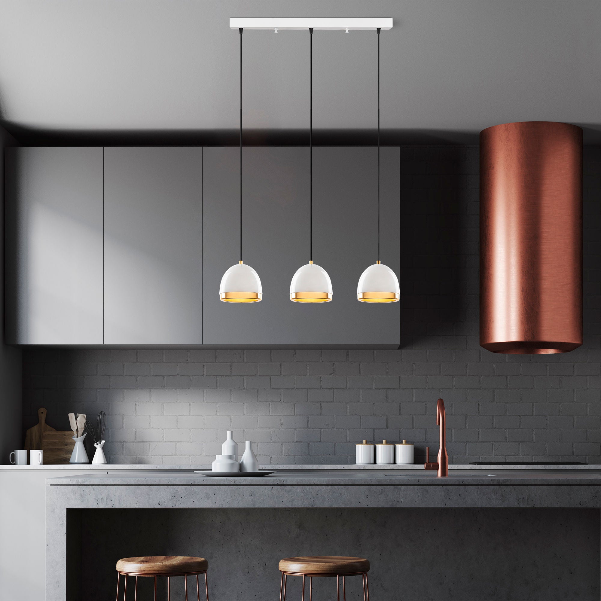 Candeeiro de Teto elegante branco e dourado, corpo de metal, altura ajustável, 62 x 17 x 110 cm | 3 x E27 máx. 40 W | Design escandinavo moderno para decoração de casa