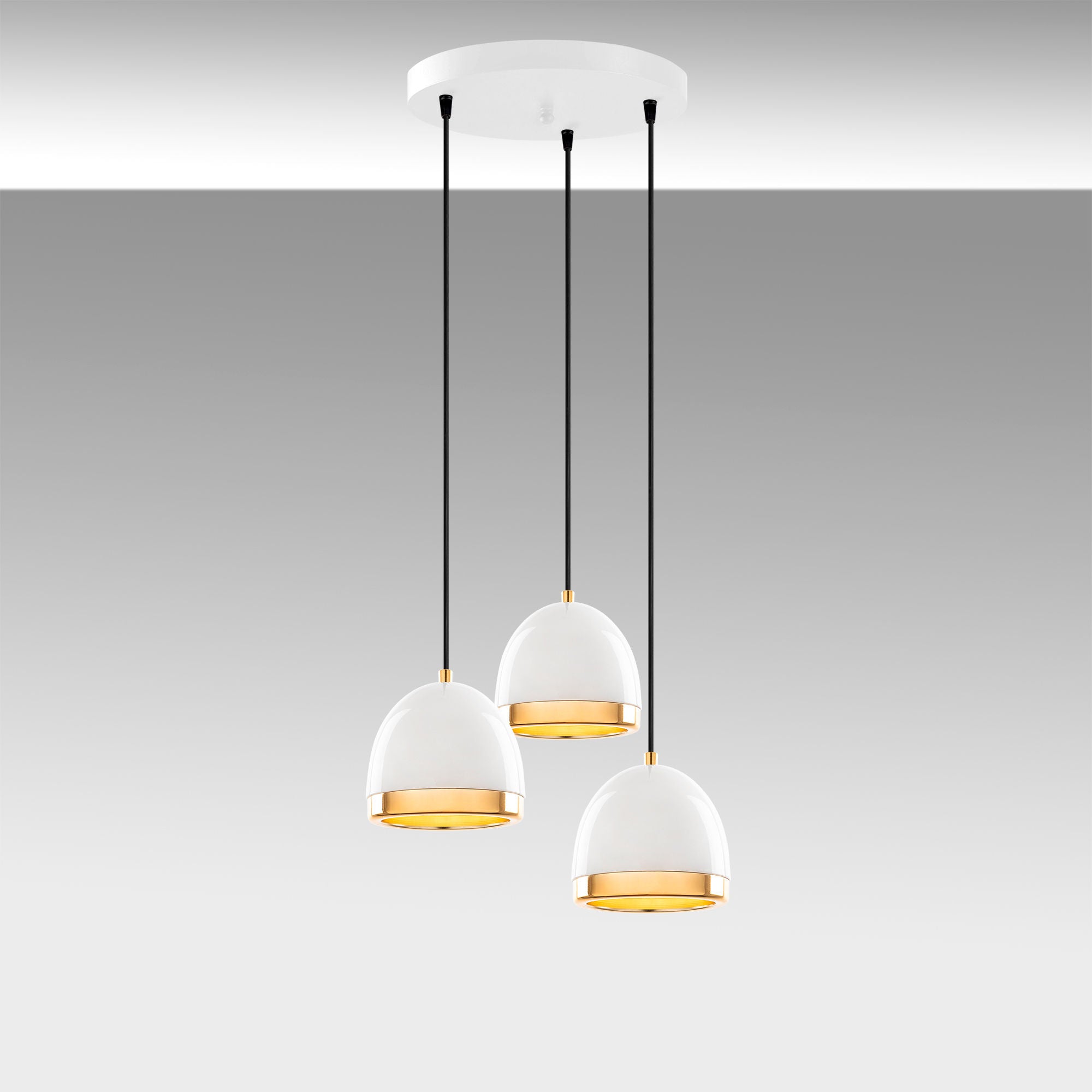 Candeeiro de Teto elegante branco e dourado, corpo de metal, 35 x 35 x 110 cm, altura ajustável, 3 x E27 máx. 40 W, design escandinavo, perfeito para espaços modernos