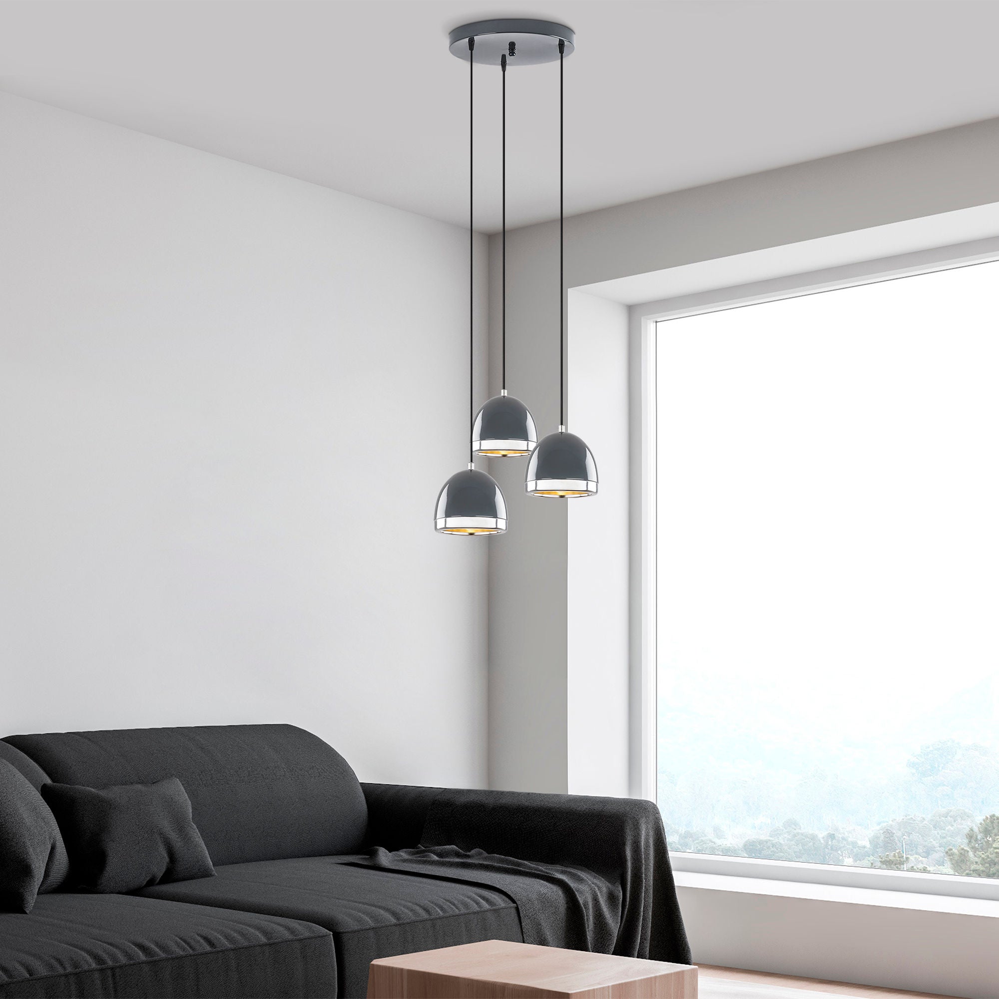 Candeeiro de Teto moderno em antracite, corpo de metal, altura ajustável, 35 x 35 x 110 cm | 3 soquetes E27, IP20 | Design escandinavo elegante para casa e escritório