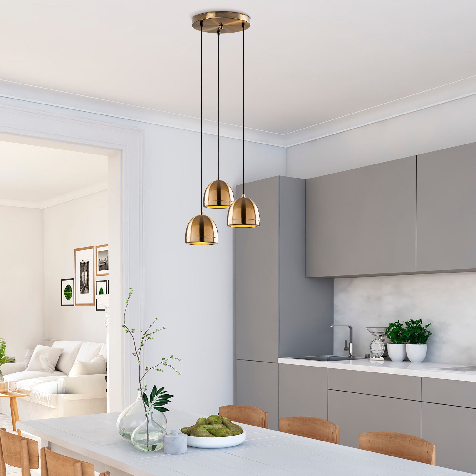 Candeeiro de Teto Vintage Elegante, Corpo em Metal Cobre, 35 x 35 x 110 cm | Altura Ajustável, 3 Soquetes E27, Perfeito para Decoração Moderna e Escandinava