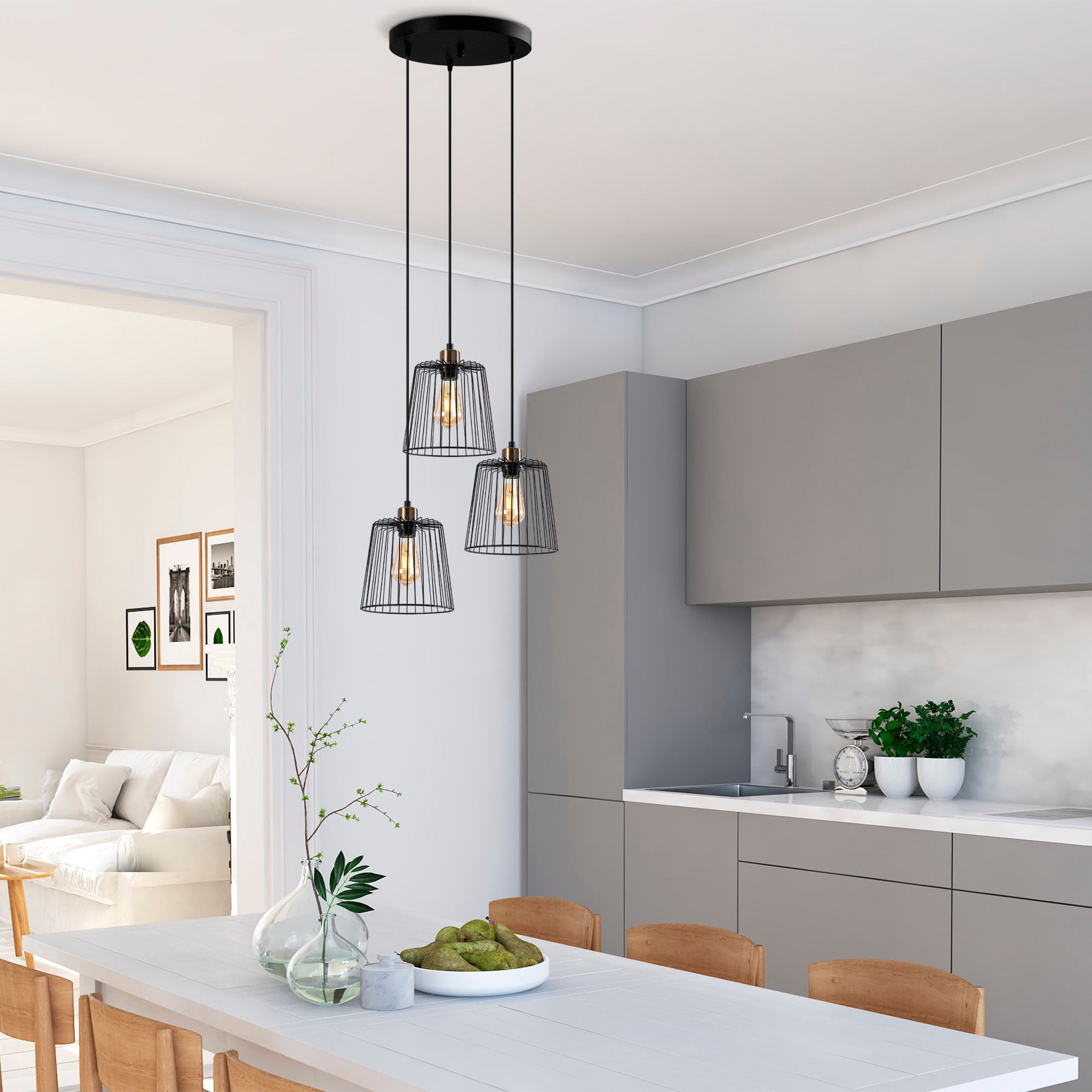 Candeeiro de Teto Industrial, Acabamento Preto e Antigo, 50 x 50 x 114 cm | Corpo em Metal, Altura Ajustável, 3 Soquetes E27, Perfeito para Espaços Modernos