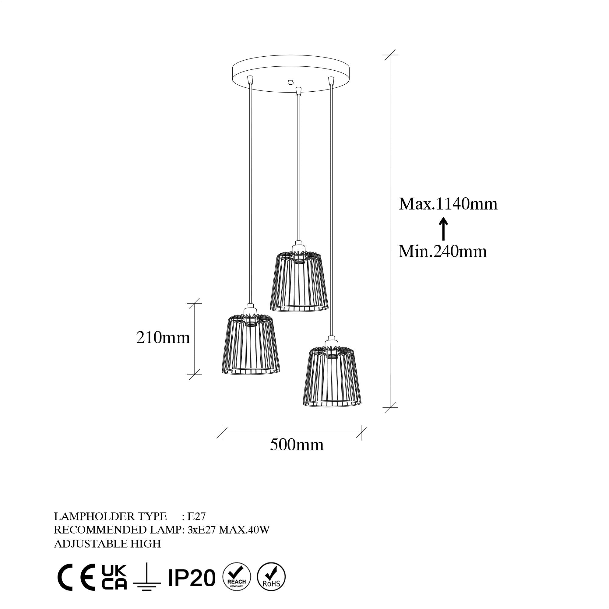 Candeeiro de Teto Industrial, Acabamento Preto e Antigo, 50 x 50 x 114 cm | Corpo em Metal, Altura Ajustável, 3 Soquetes E27, Perfeito para Espaços Modernos