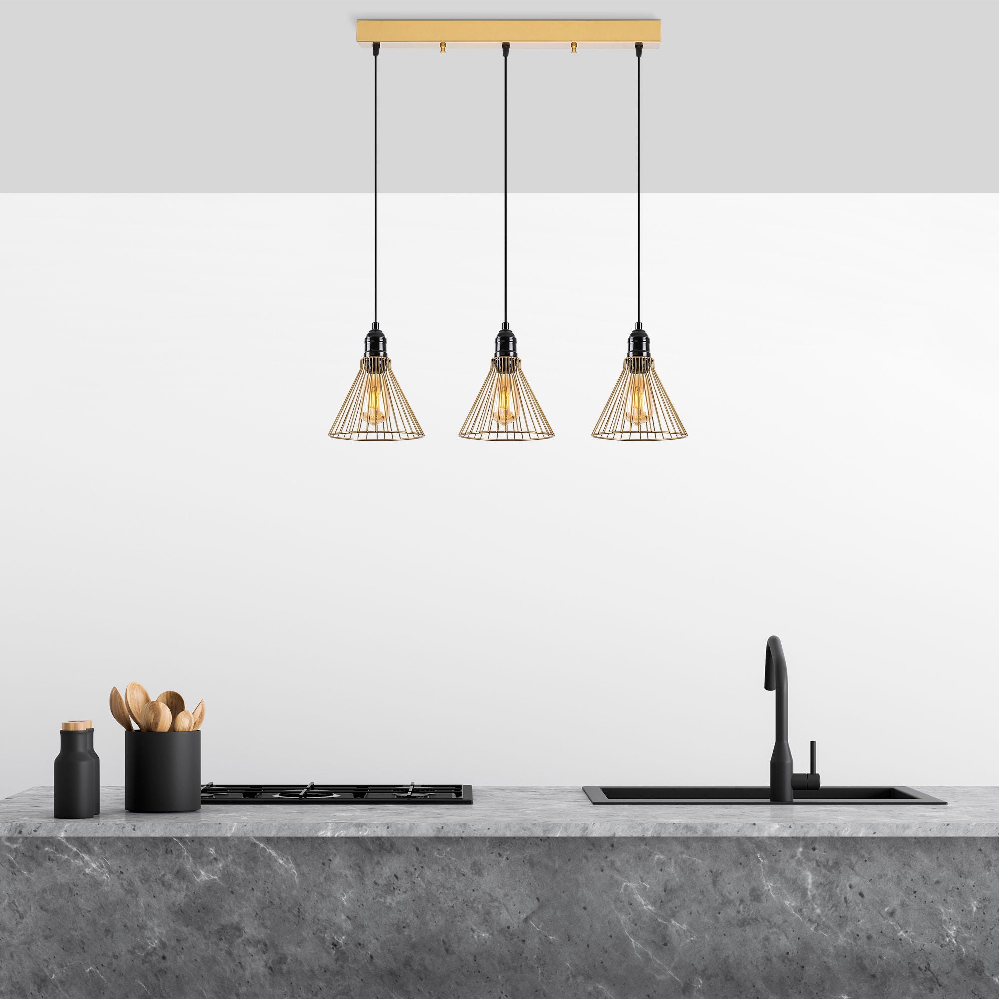 Candeeiro de Teto moderno dourado, corpo de metal, 72 x 20 x 124 cm, altura ajustável, 3 x E27 máx. 40 W, design elegante para casa e escritório, classificação IP20