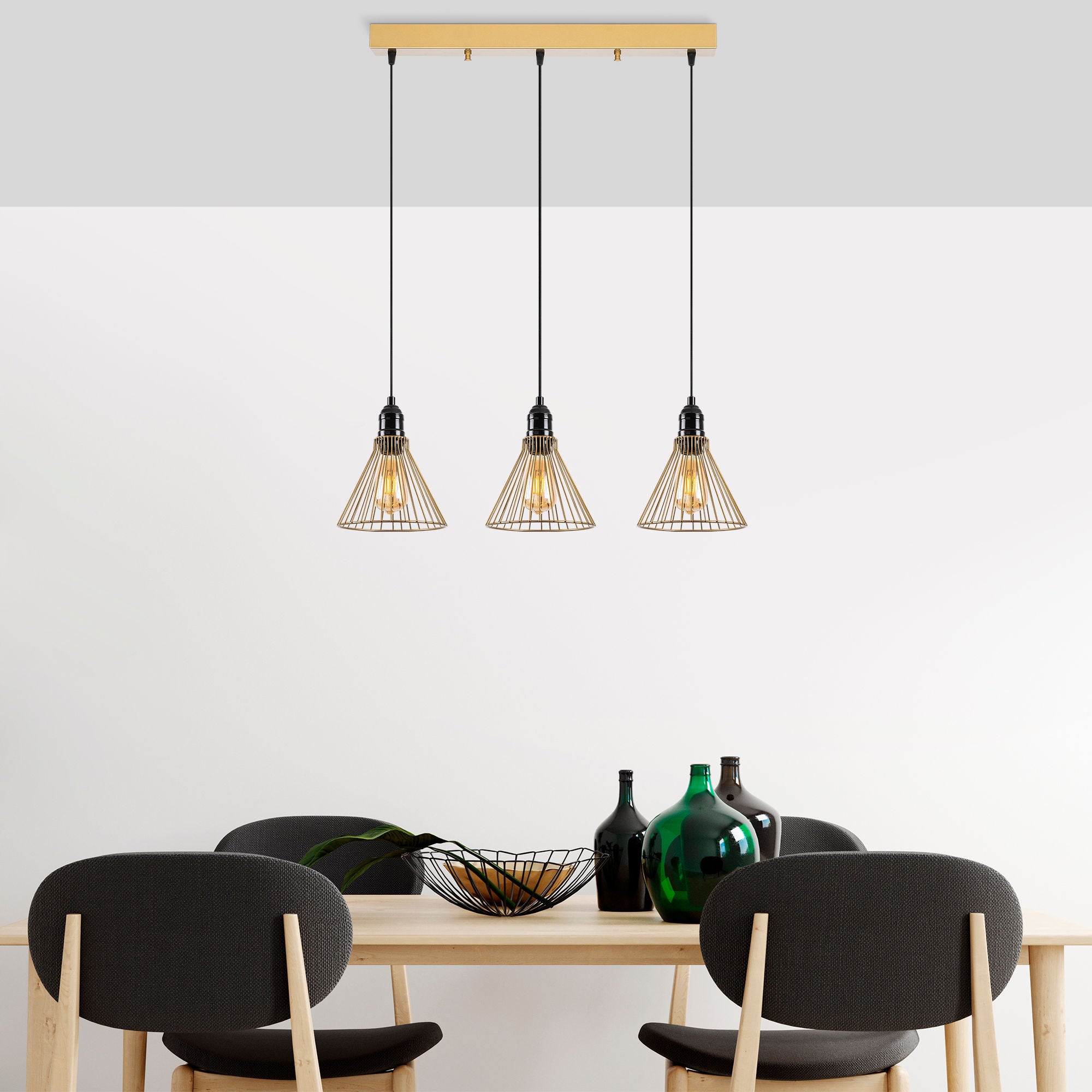 Candeeiro de Teto moderno dourado, corpo de metal, 72 x 20 x 124 cm, altura ajustável, 3 x E27 máx. 40 W, design elegante para casa e escritório, classificação IP20
