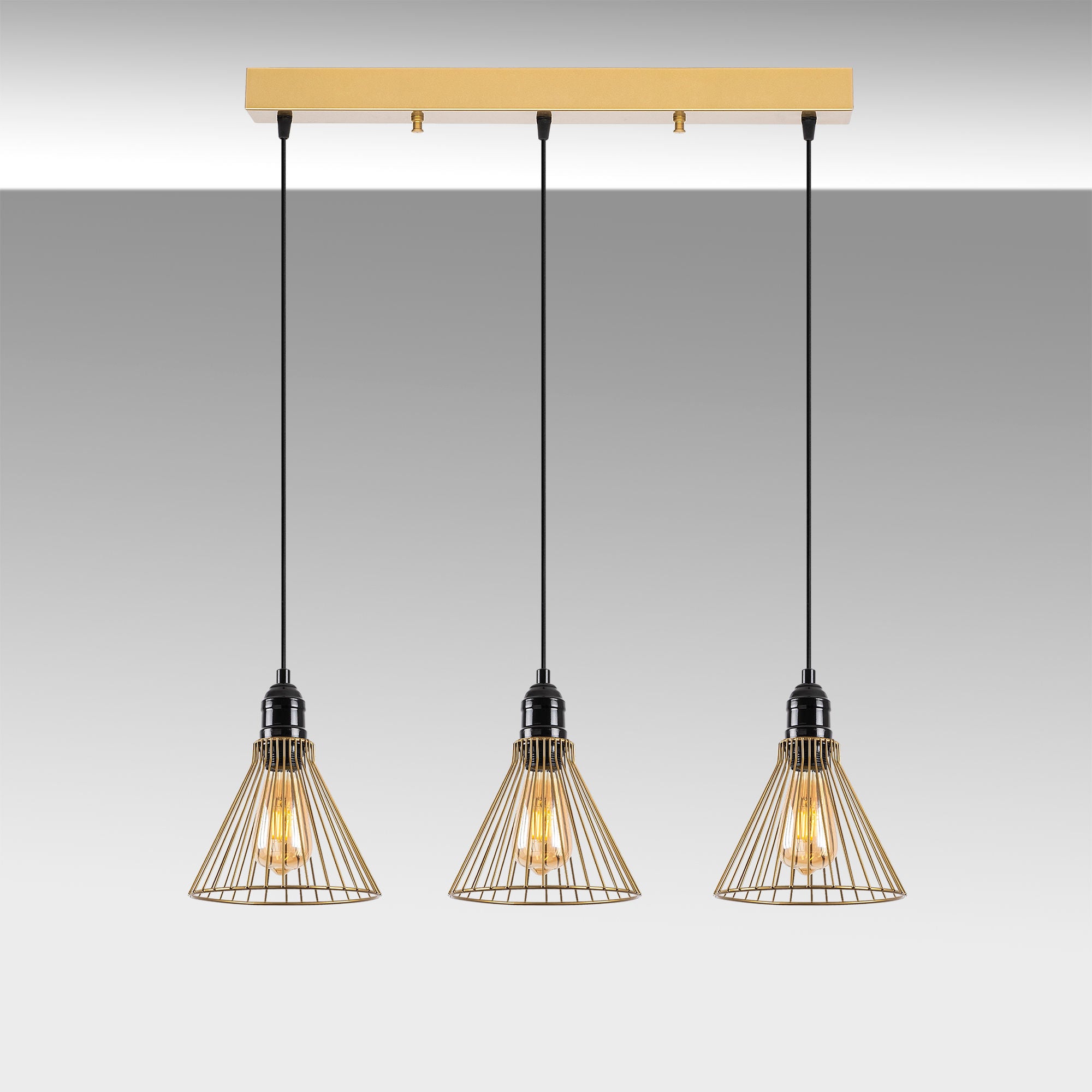 Candeeiro de Teto moderno dourado, corpo de metal, 72 x 20 x 124 cm, altura ajustável, 3 x E27 máx. 40 W, design elegante para casa e escritório, classificação IP20