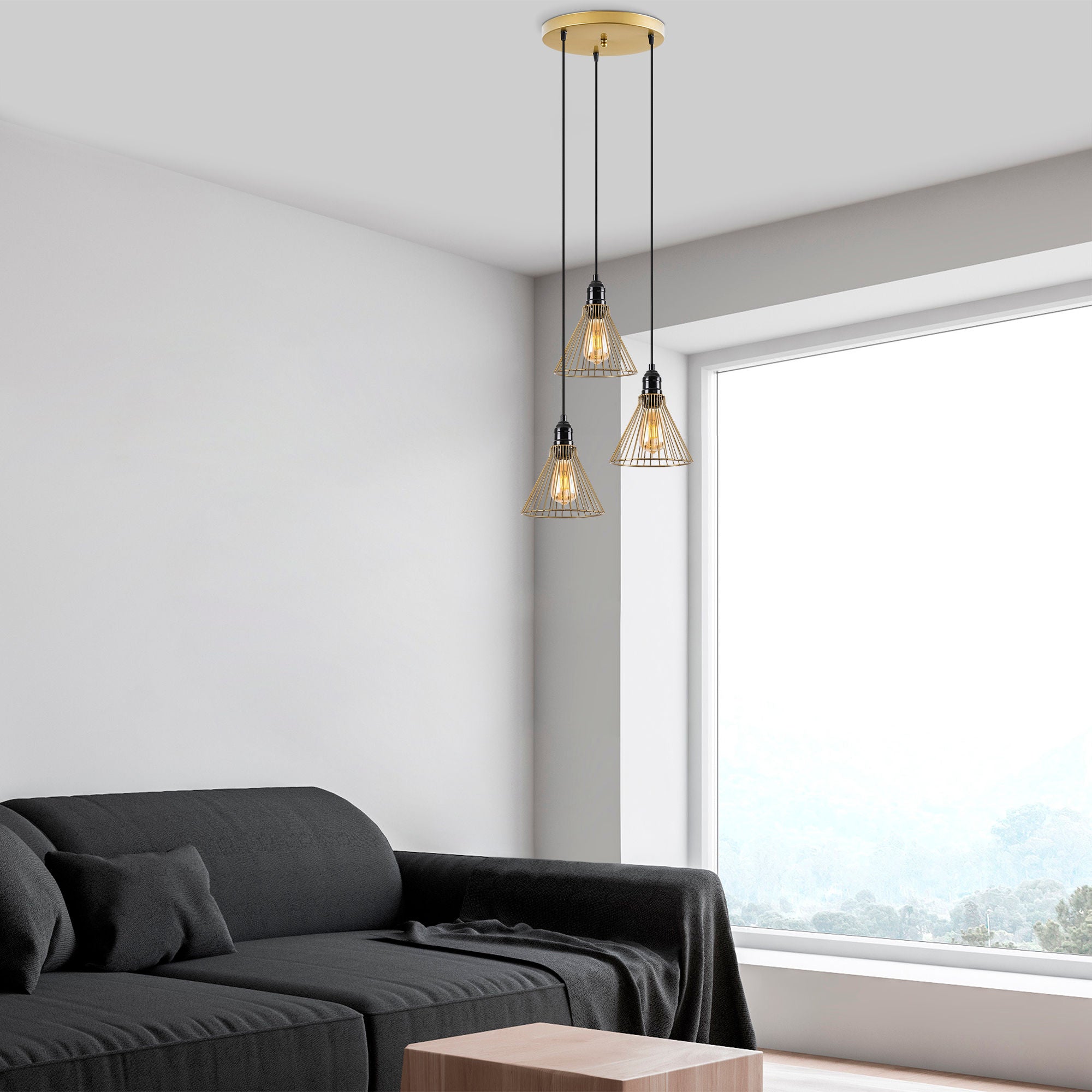 Candeeiro de Teto Dourado Brilhante e Glamouroso, Corpo em Metal, 41 x 41 x 124 cm | Altura Ajustável, 3 Soquetes E27, Design Elegante para Espaços Modernos | Classificação IP20