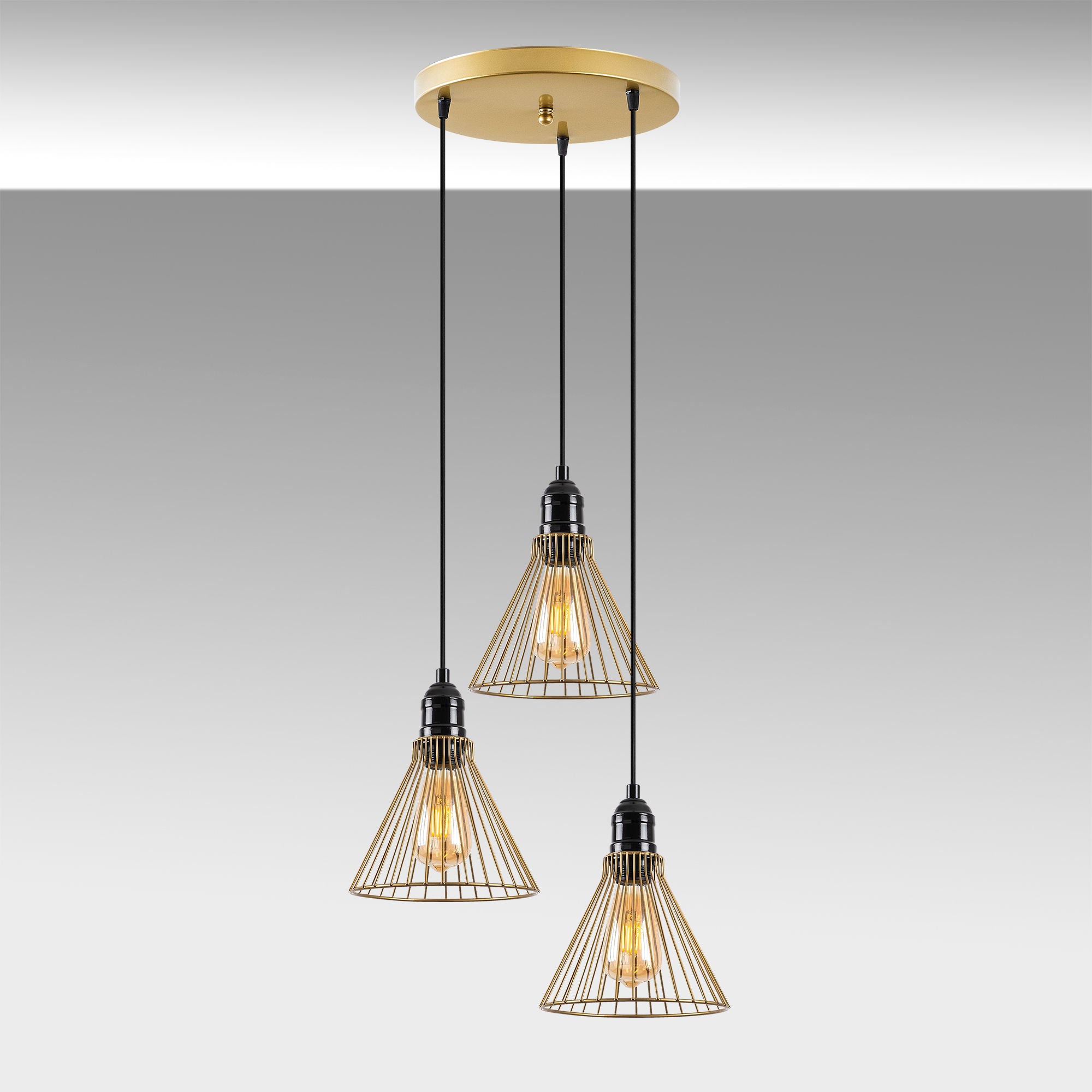 Candeeiro de Teto Dourado Brilhante e Glamouroso, Corpo em Metal, 41 x 41 x 124 cm | Altura Ajustável, 3 Soquetes E27, Design Elegante para Espaços Modernos | Classificação IP20