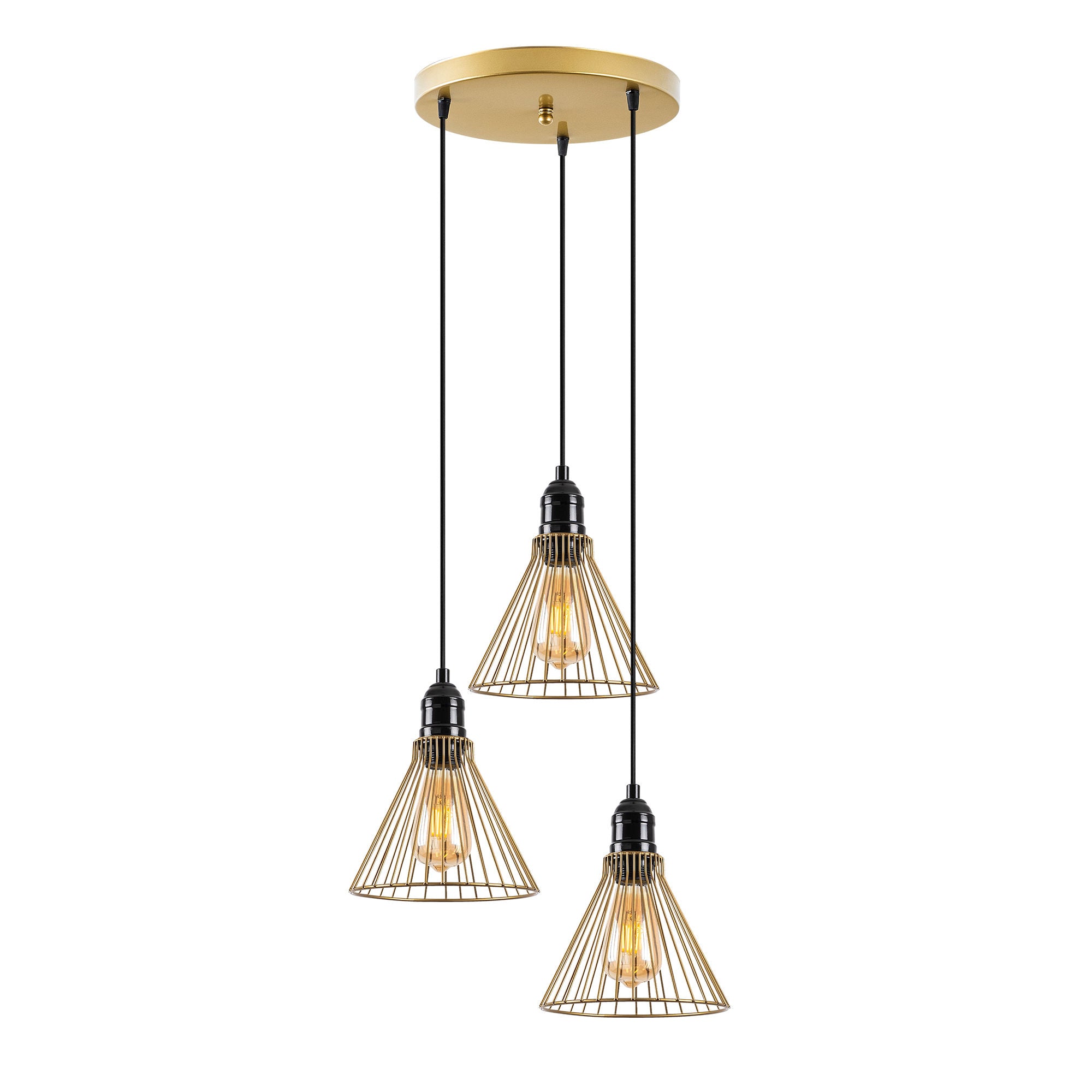Candeeiro de Teto Dourado Brilhante e Glamouroso, Corpo em Metal, 41 x 41 x 124 cm | Altura Ajustável, 3 Soquetes E27, Design Elegante para Espaços Modernos | Classificação IP20