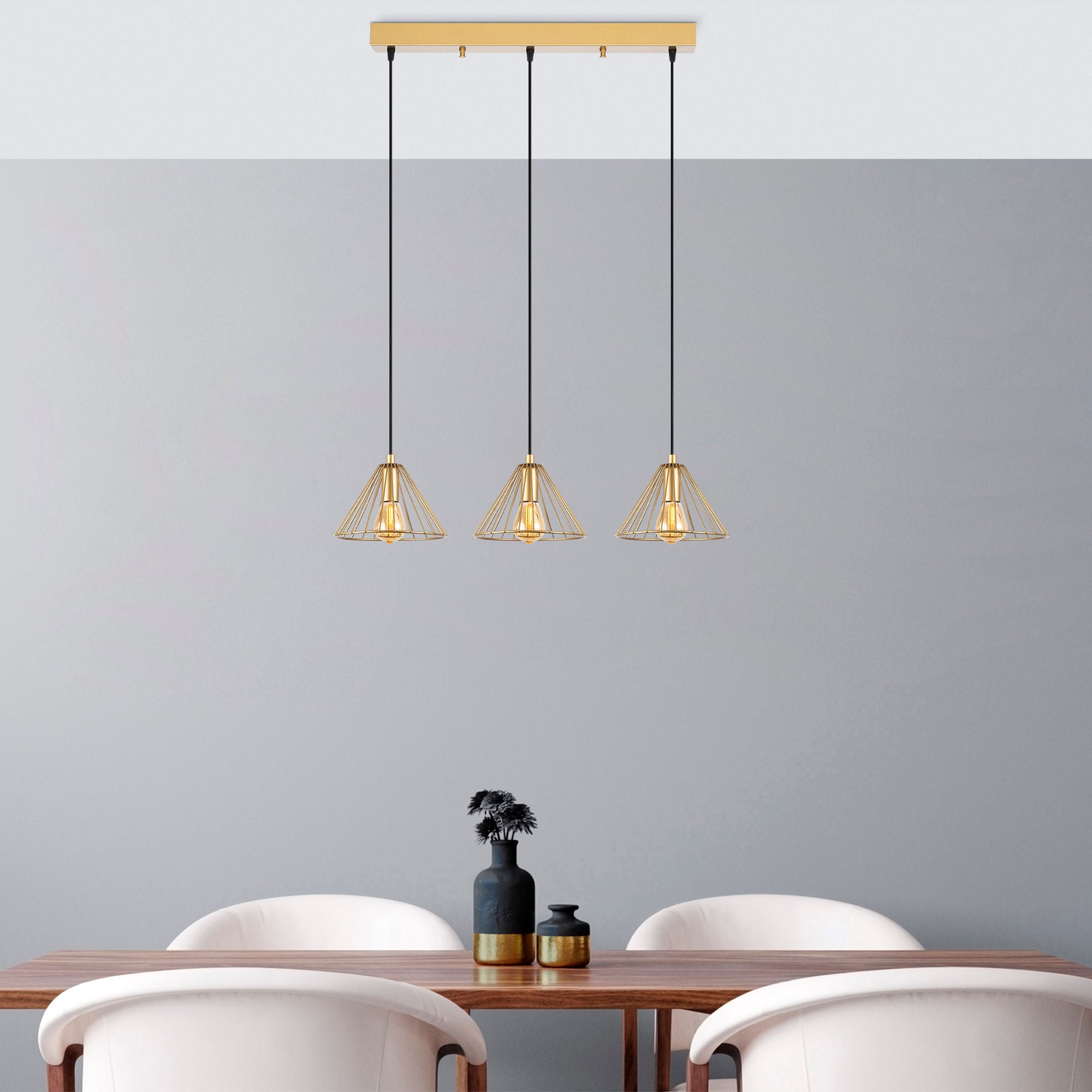 Candeeiro de Teto Elegante Dourado Brilhante, Corpo em Metal, 72 x 20 x 117 cm | Altura Ajustável, 3 Soquetes E27, Design Moderno para Casa e Escritório | Classificação IP20