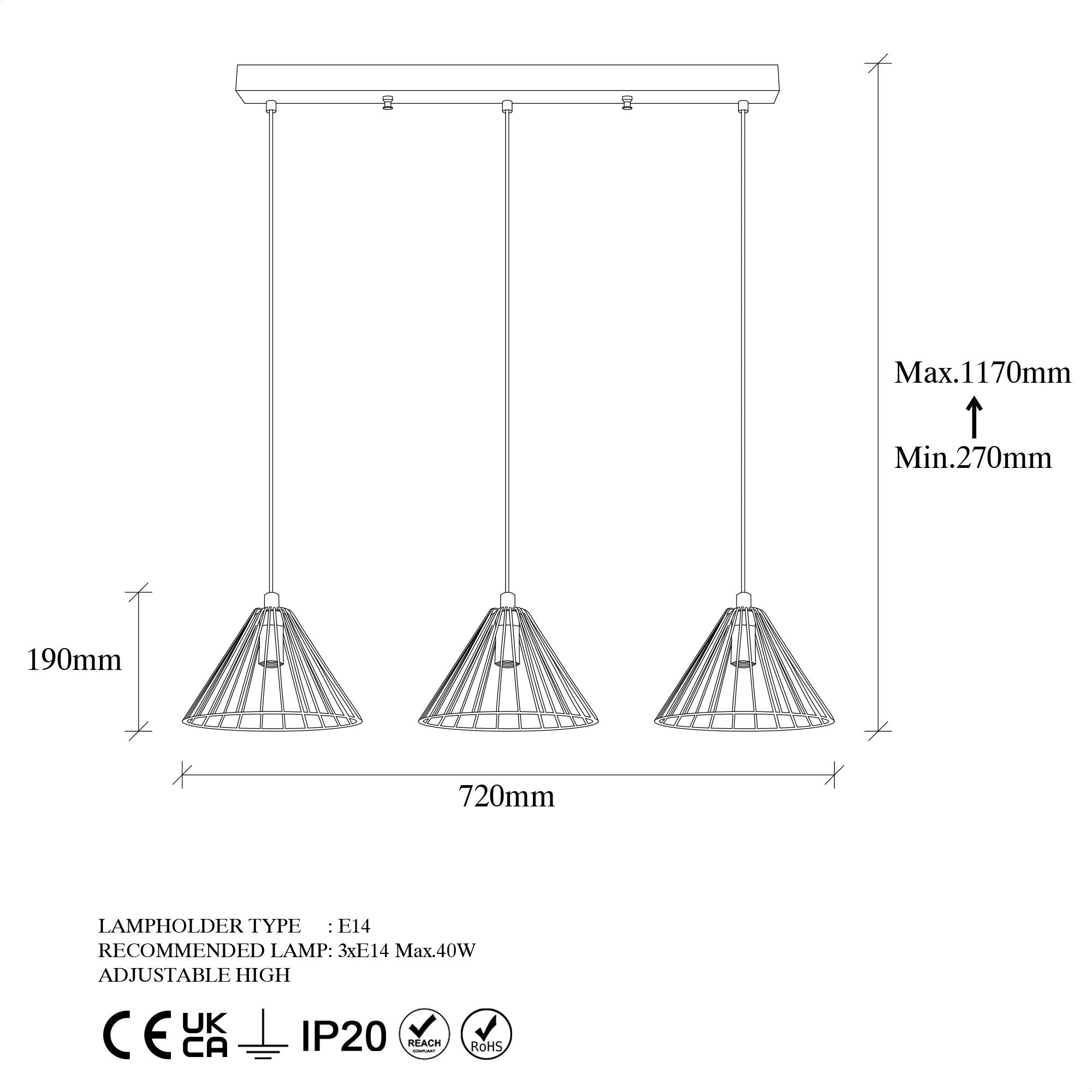 Candeeiro de Teto Elegante Dourado Brilhante, Corpo em Metal, 72 x 20 x 117 cm | Altura Ajustável, 3 Soquetes E27, Design Moderno para Casa e Escritório | Classificação IP20
