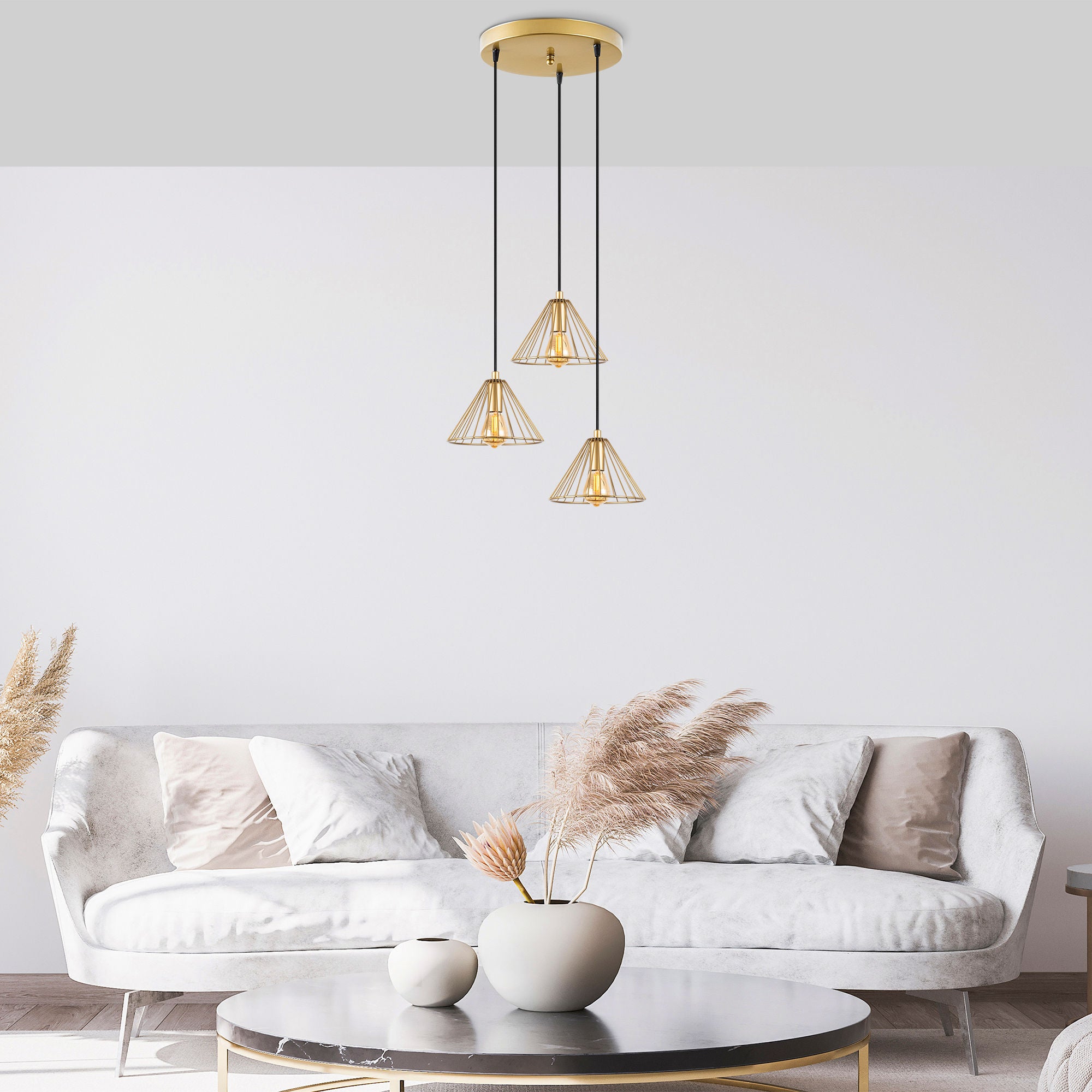 Candeeiro de Teto Elegante Dourado Brilhante, 41 x 41 x 117 cm | Corpo em Metal, Altura Ajustável, 3 Soquetes E27 | Design Moderno e Glamouroso para Interiores Elegantes
