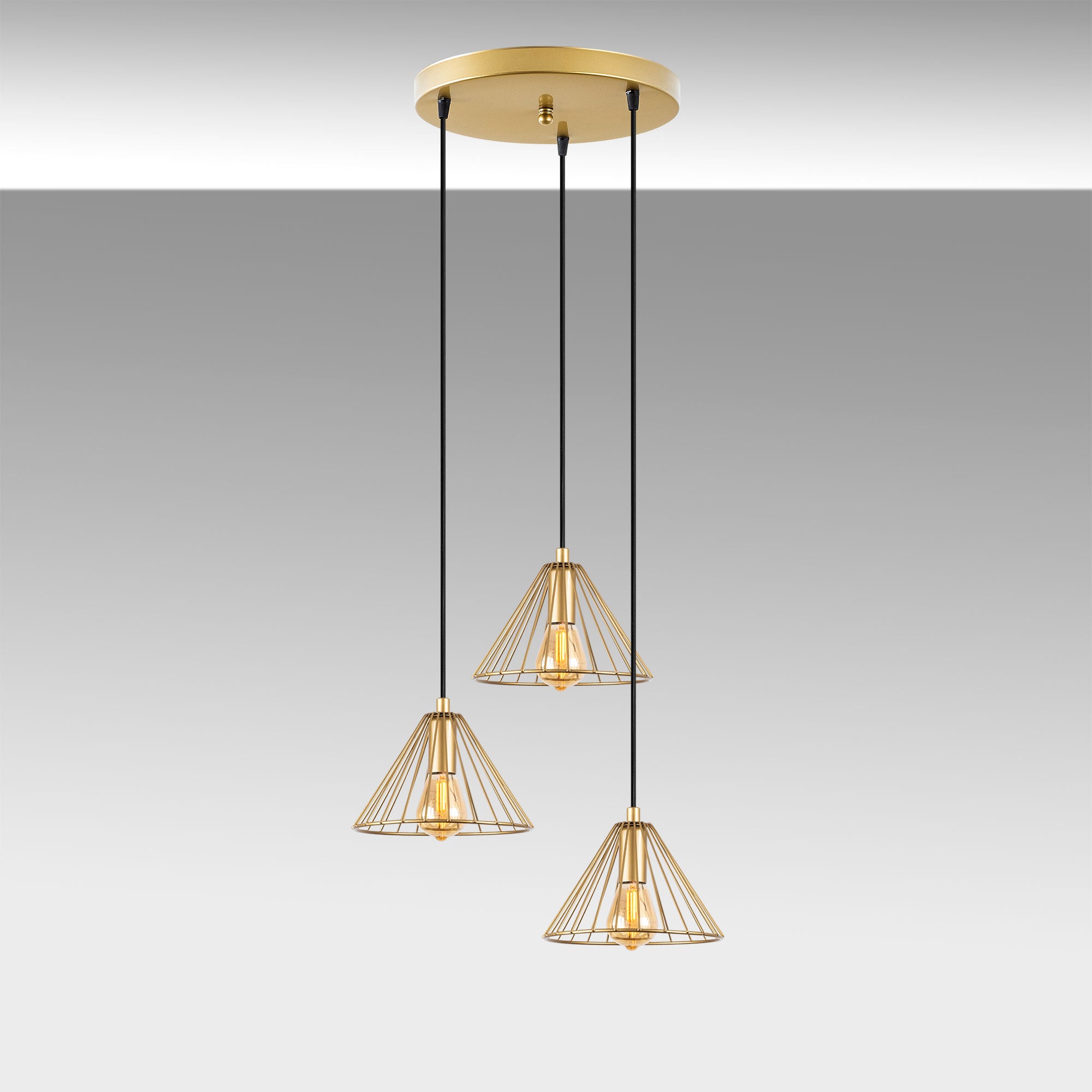Candeeiro de Teto Elegante Dourado Brilhante, 41 x 41 x 117 cm | Corpo em Metal, Altura Ajustável, 3 Soquetes E27 | Design Moderno e Glamouroso para Interiores Elegantes