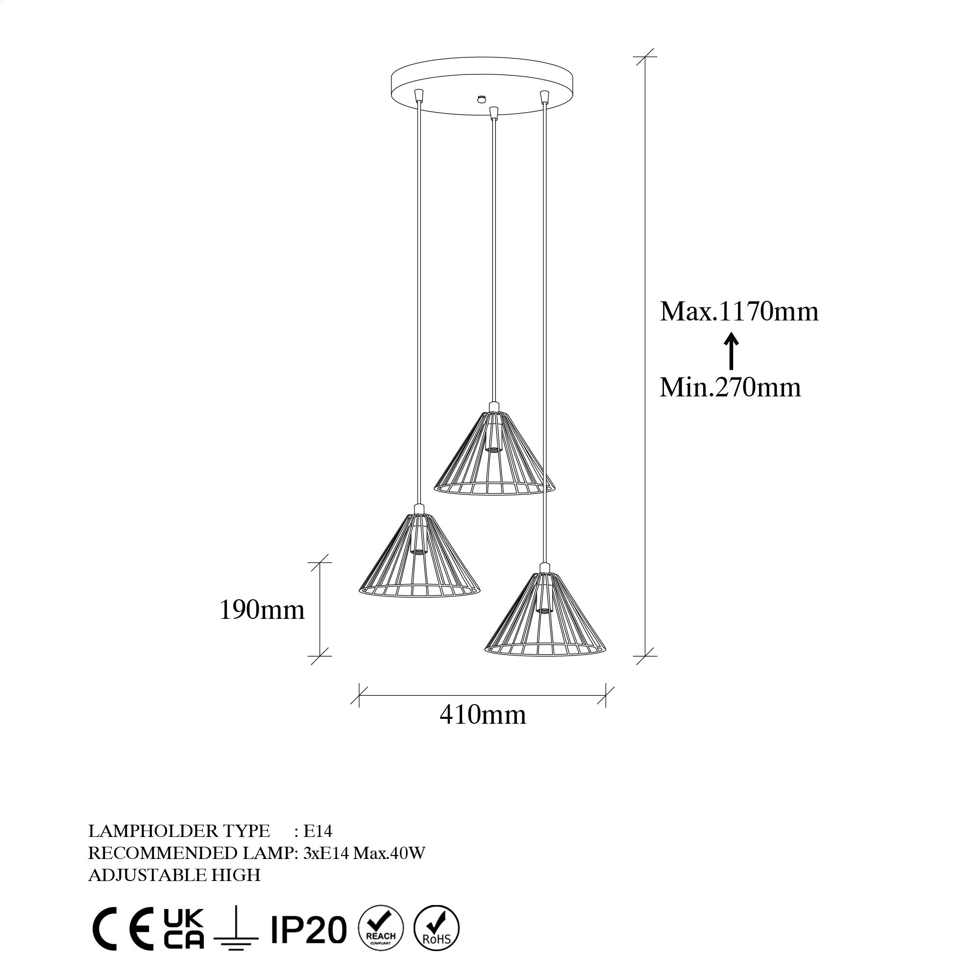 Candeeiro de Teto Elegante Dourado Brilhante, 41 x 41 x 117 cm | Corpo em Metal, Altura Ajustável, 3 Soquetes E27 | Design Moderno e Glamouroso para Interiores Elegantes