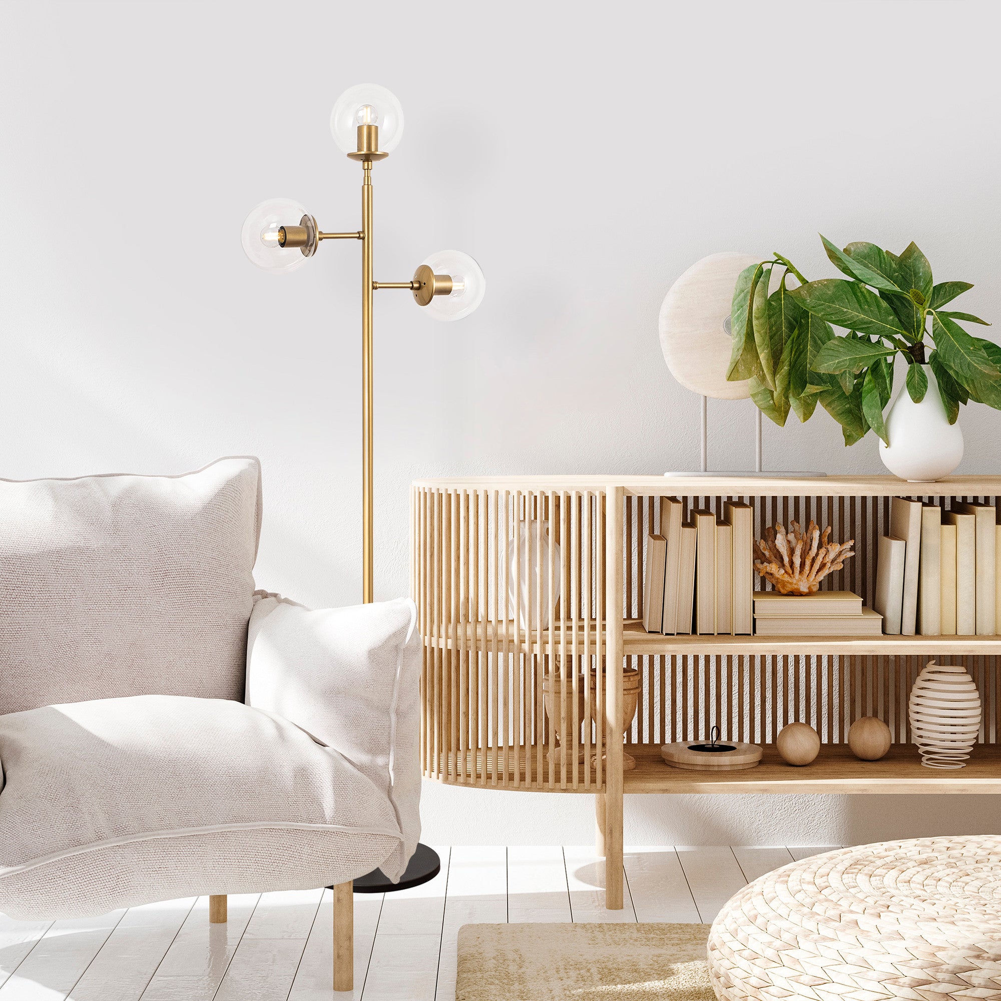 Candeeiro de Pé Elegante, Dourado Brilhante, 163 cm de Altura | Corpo e Base de Metal, Tampa de Vidro, IP20, 3 Soquetes E14 | Design Moderno e Glamouroso para Decoração de Casa e Hotel