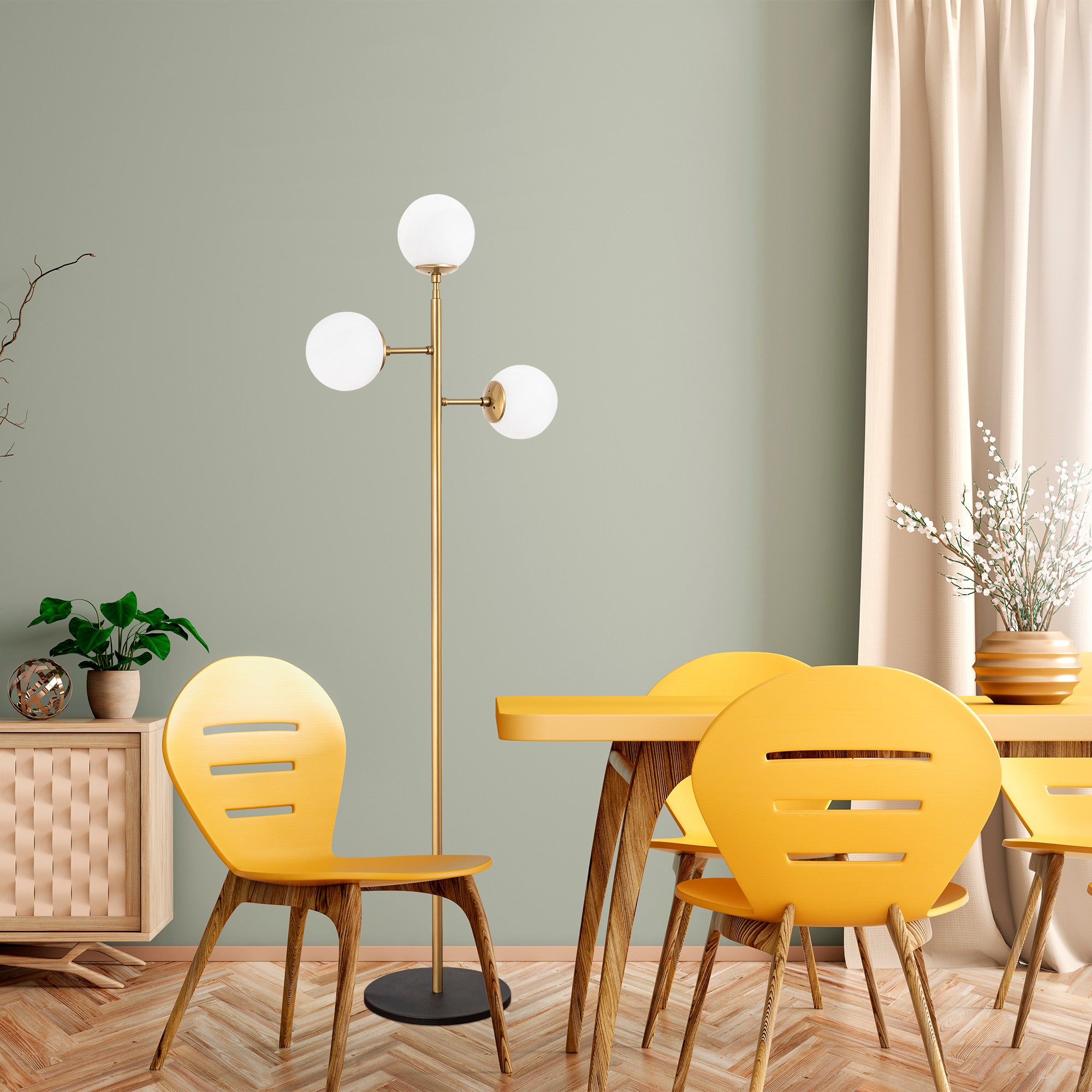 Candeeiro de Pé Elegante, Dourado Brilhante, 163 cm de Altura | Corpo e Base de Metal, Tampa de Vidro, IP20, 3 Soquetes E14 | Design Moderno e Glamouroso para Decoração de Casa e Hotel