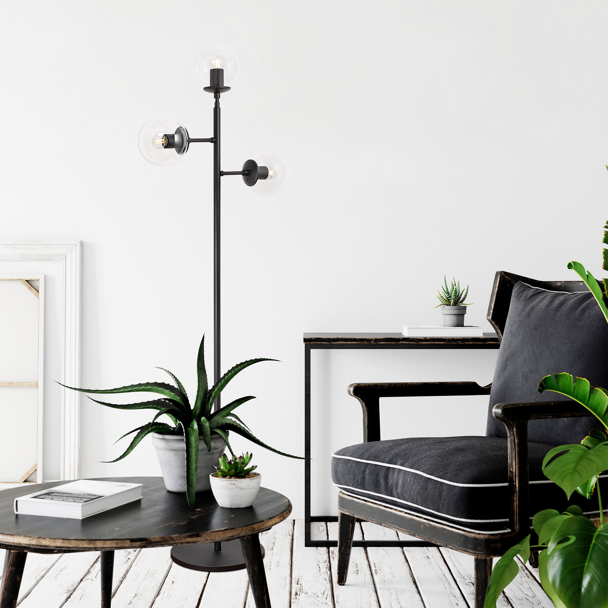 Candeeiro de Pé moderna com corpo de metal e tampa de vidro, 163 cm de altura, design preto e branco, IP20, soquete E14, perfeita para decoração industrial e escandinava