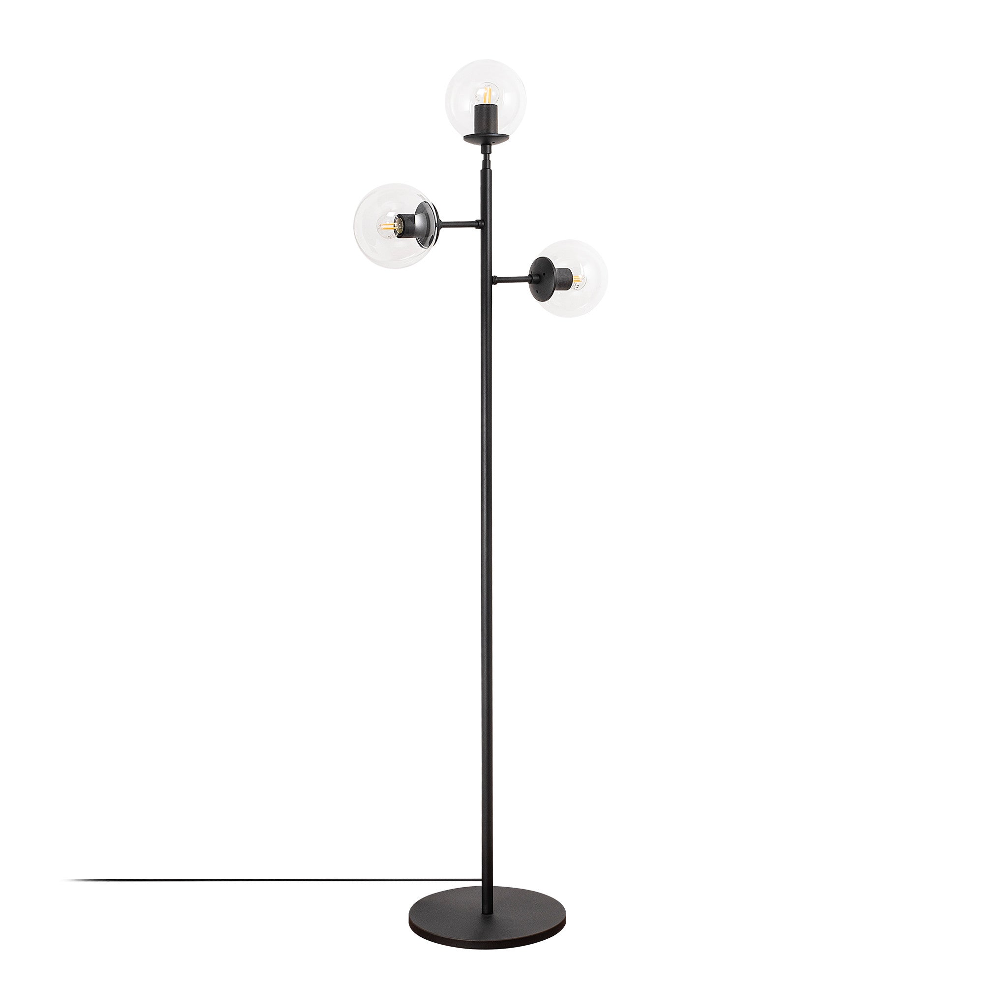 Candeeiro de Pé moderna com corpo de metal e tampa de vidro, 163 cm de altura, design preto e branco, IP20, soquete E14, perfeita para decoração industrial e escandinava