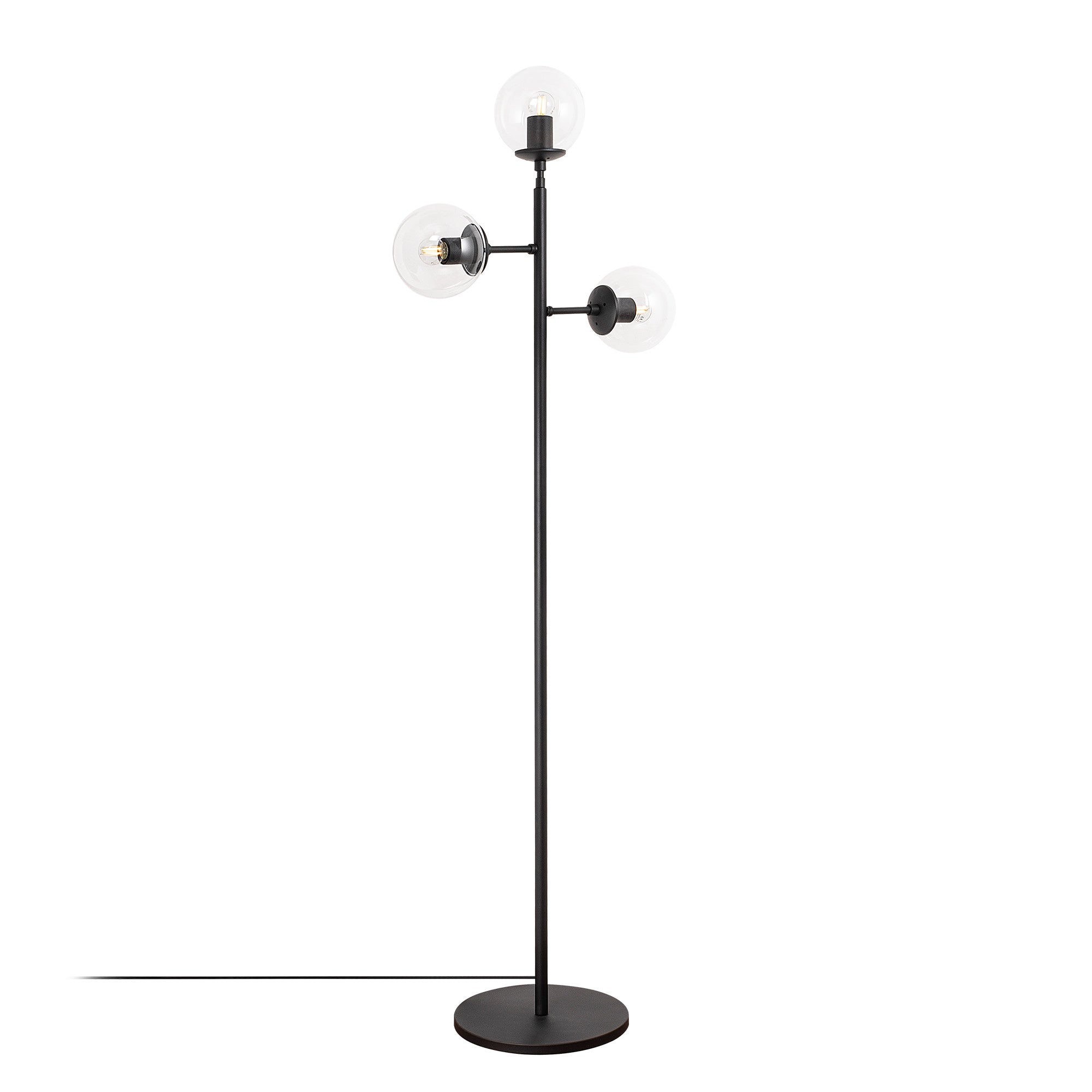 Candeeiro de Pé moderna com corpo de metal e tampa de vidro, 163 cm de altura, design preto e branco, IP20, soquete E14, perfeita para decoração industrial e escandinava