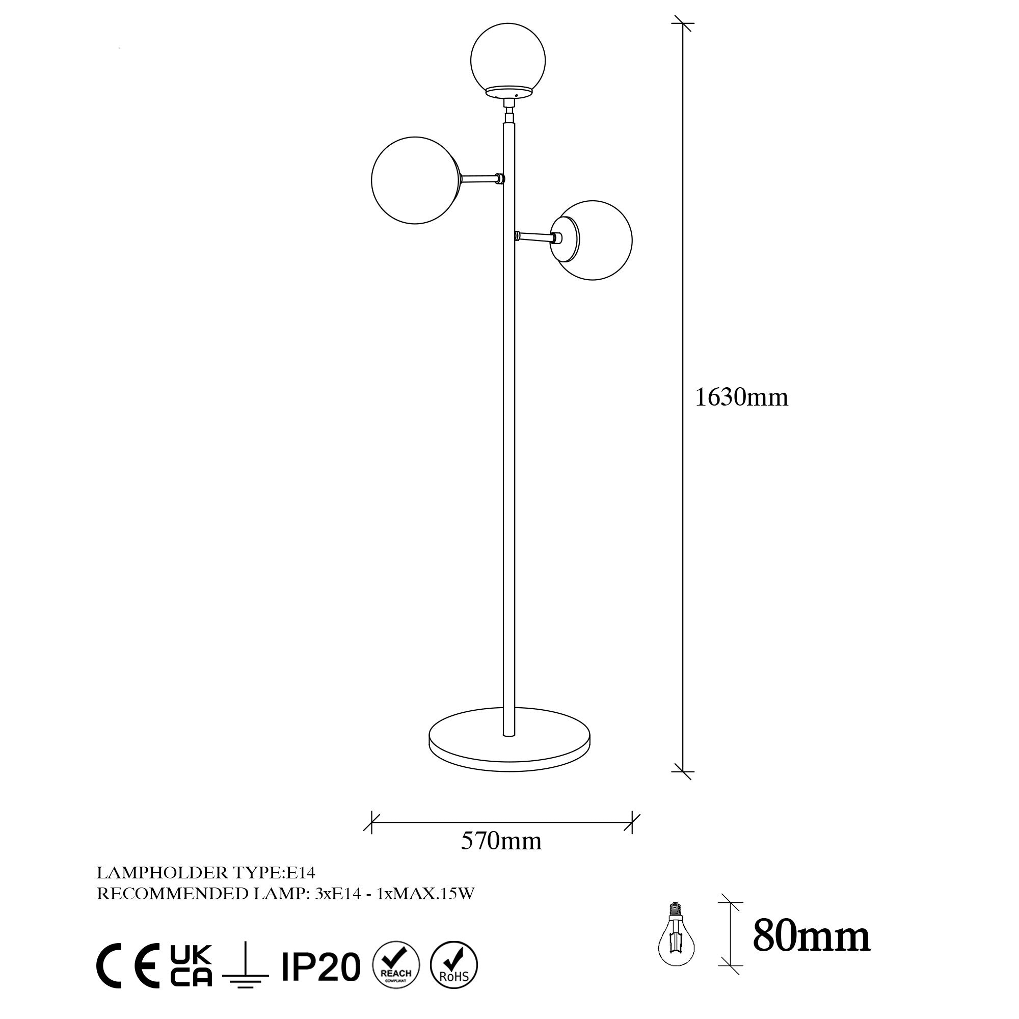 Candeeiro de Pé Moderna, Preta e Branca, 163 cm de Altura | Corpo e Base de Metal, Tampa de Vidro, IP20, 3 Soquetes E14 | Design Industrial e Escandinavo Elegante