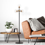 Candeeiro de Pé moderna com corpo de metal e tampa de vidro, 48 x 48 x 163 cm, acabamento preto e antigo, 4 soquetes E14, cabo de 200 cm, design escandinavo elegante