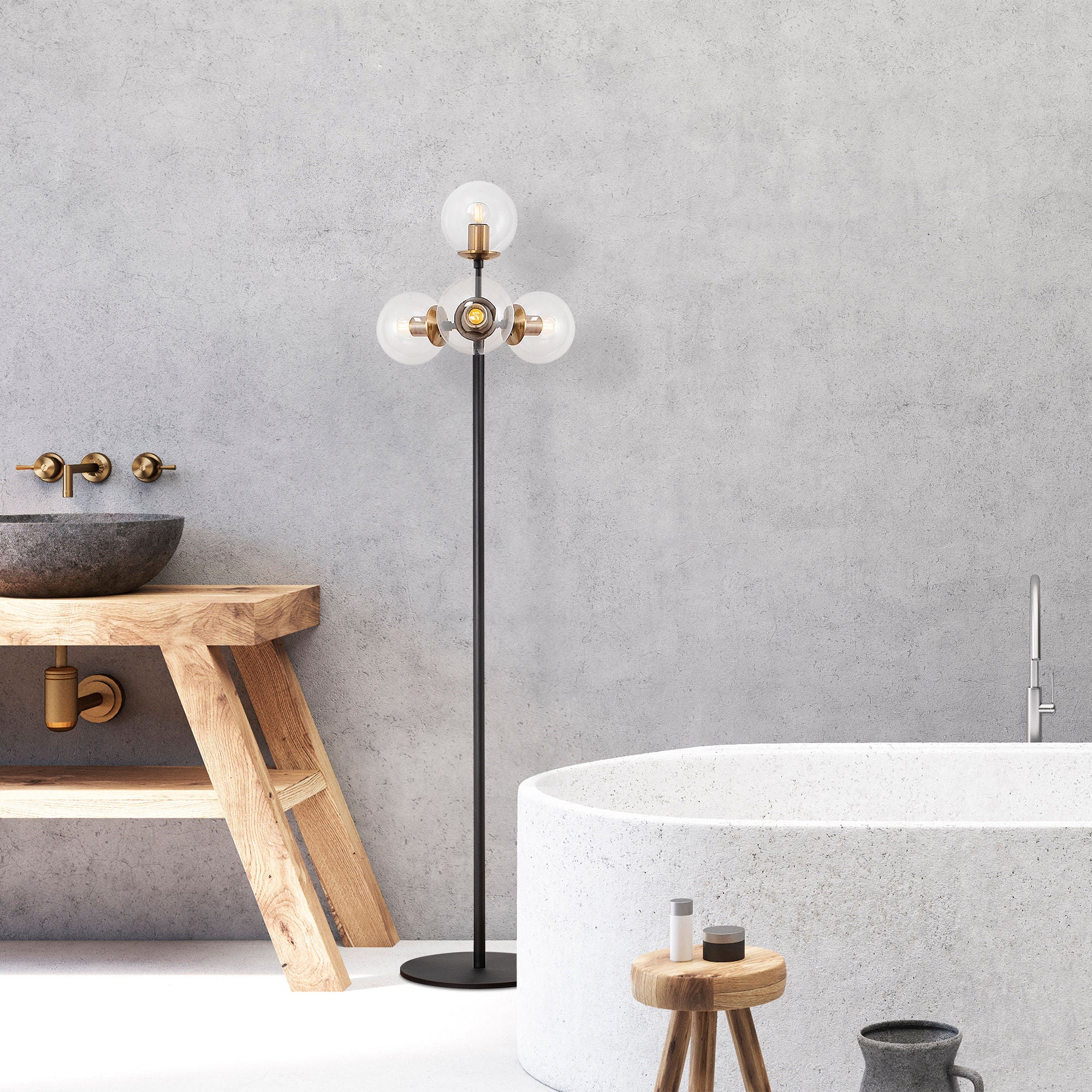 Candeeiro de Pé moderna com corpo de metal e tampa de vidro, 48 x 48 x 163 cm, acabamento preto e antigo, 4 soquetes E14, cabo de 200 cm, design escandinavo elegante