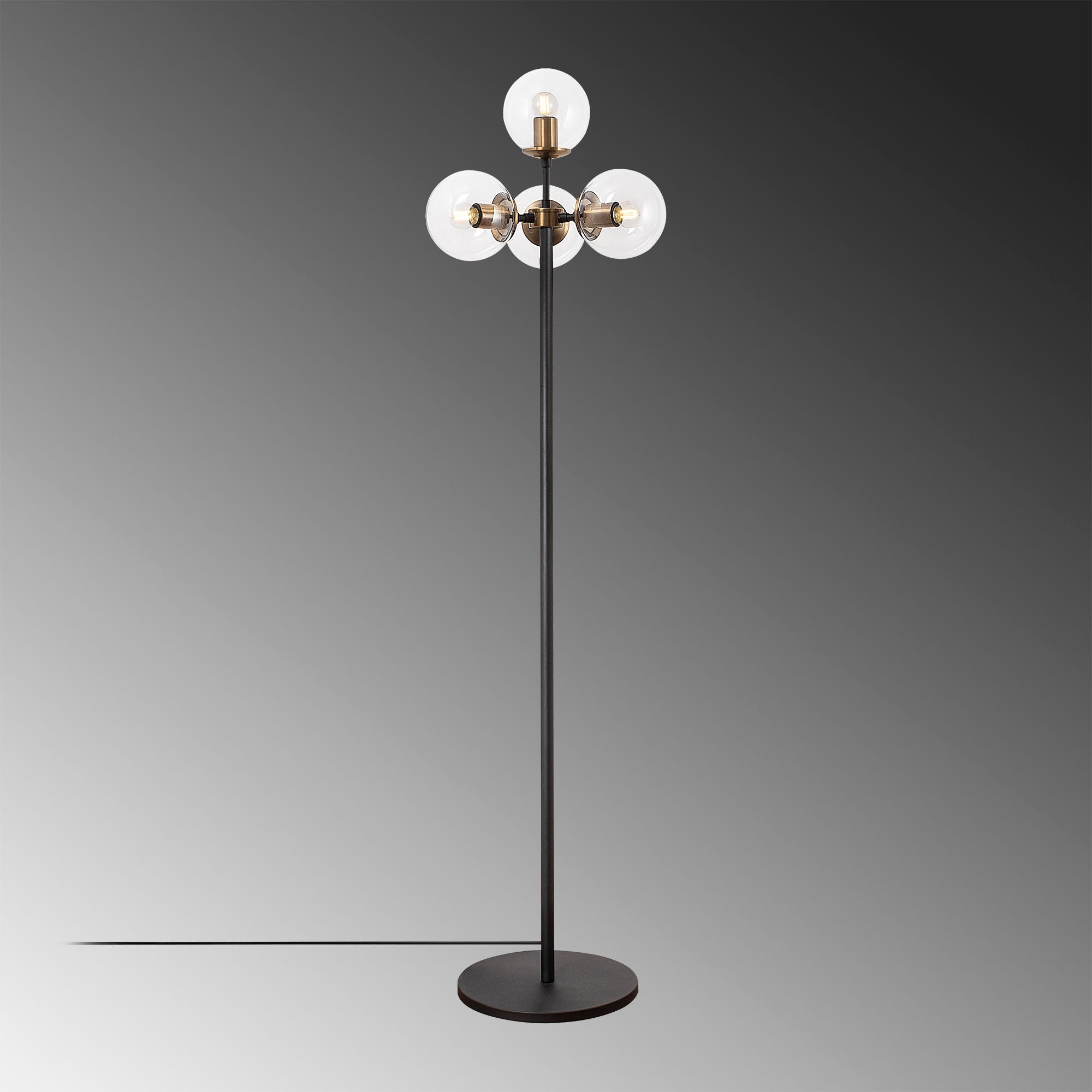 Candeeiro de Pé moderna com corpo de metal e tampa de vidro, 48 x 48 x 163 cm, acabamento preto e antigo, 4 soquetes E14, cabo de 200 cm, design escandinavo elegante