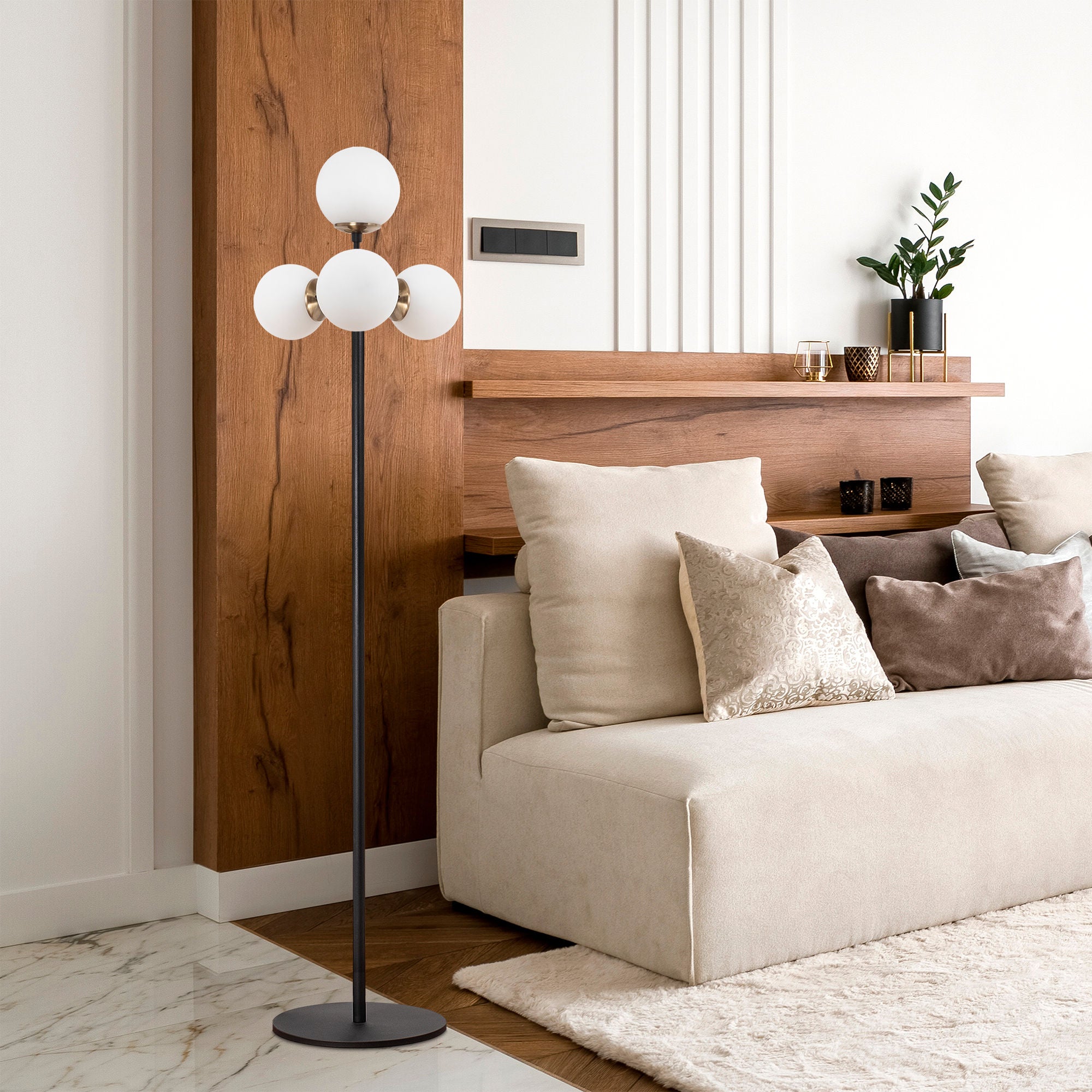 Candeeiro de Pé moderna com corpo de metal e base de vidro, 48 x 48 x 163 cm | 4 soquetes E14, cabo de 200 cm | Design elegante em preto, antigo e branco para decoração industrial e escandinava