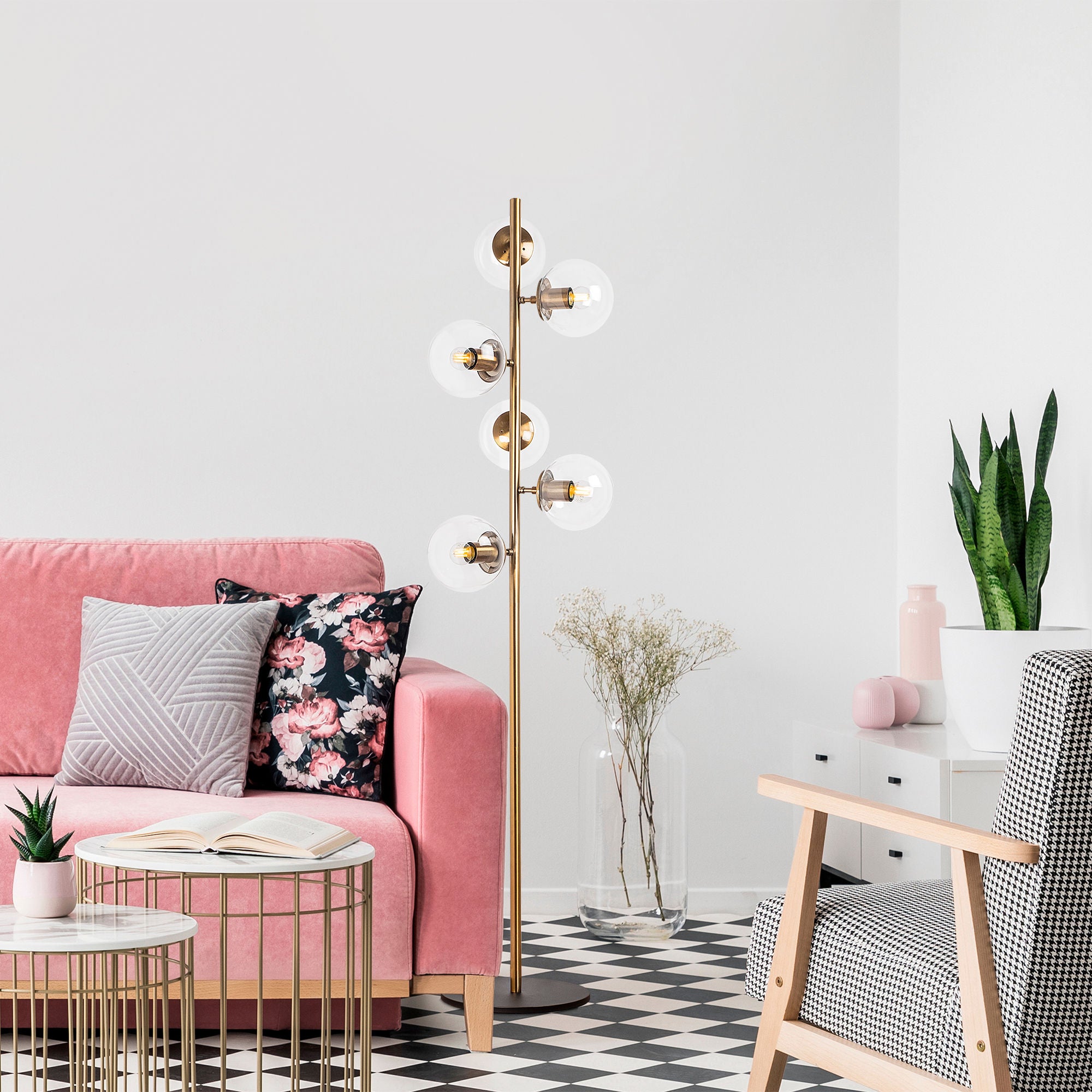 Candeeiro de Pé moderna com corpo de metal e tampa de vidro, design vintage, 35 x 22 x 163 cm | 6 soquetes E14, elegante e funcional para decoração glamorosa e escandinava