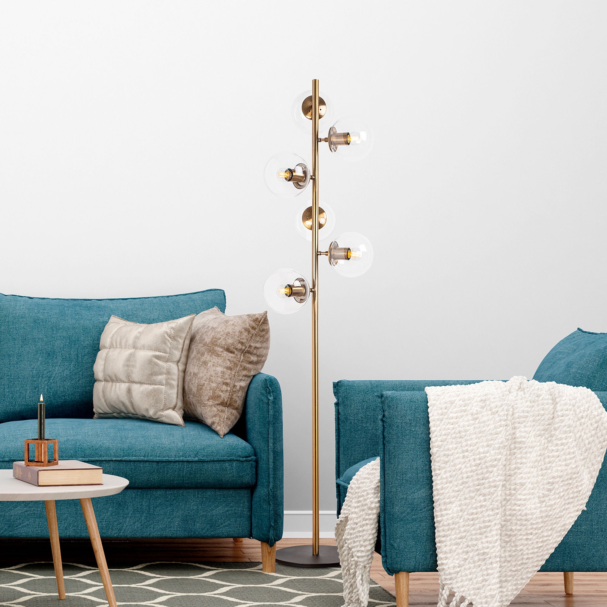 Candeeiro de Pé moderna com corpo de metal e tampa de vidro, design vintage, 35 x 22 x 163 cm | 6 soquetes E14, elegante e funcional para decoração glamorosa e escandinava