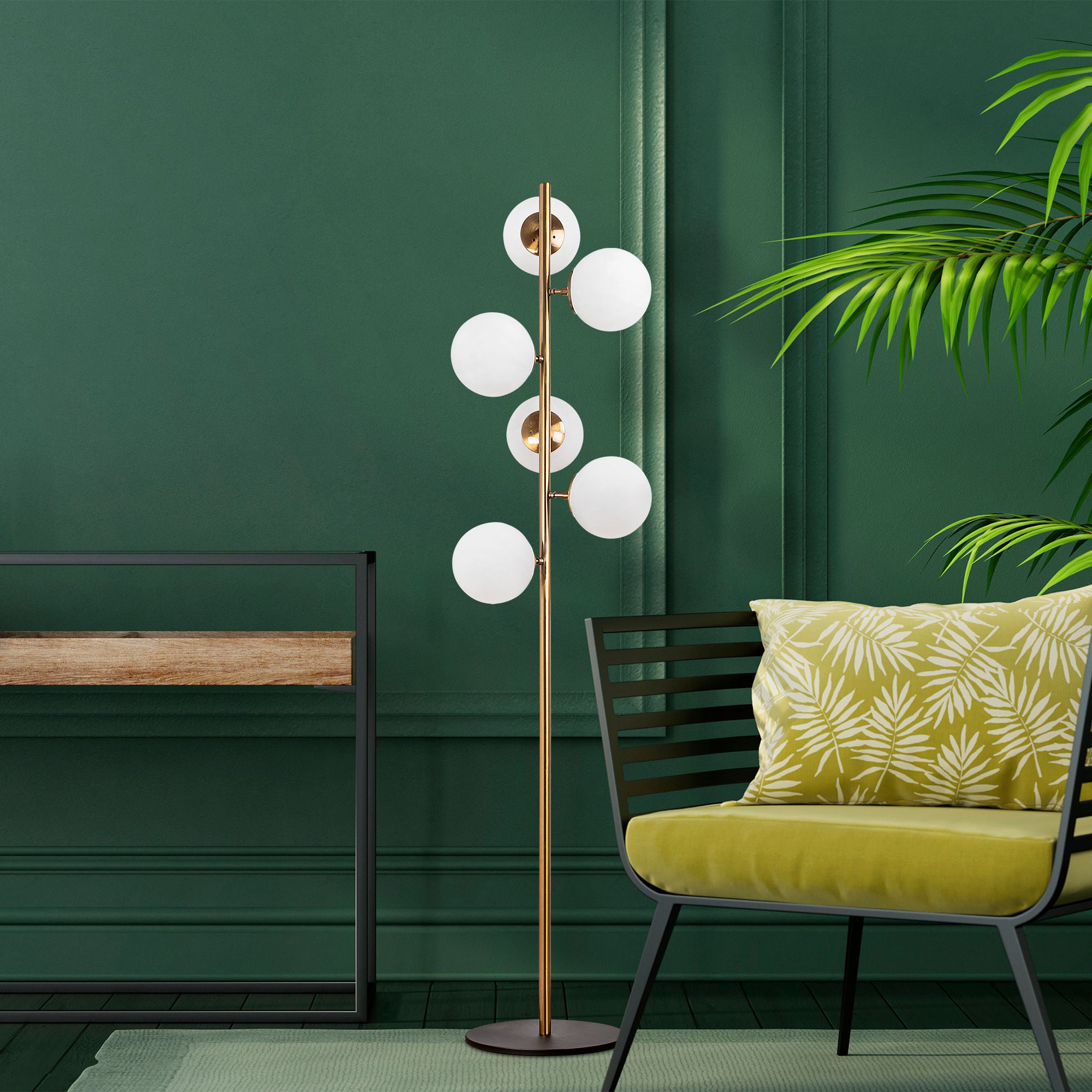 Candeeiro de Pé moderna com corpo de metal e tampa de vidro, design vintage, 35 x 22 x 163 cm | 6 soquetes E14, elegante e funcional para decoração glamorosa e escandinava