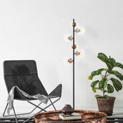 Candeeiro de Pé moderna com corpo de metal e tampa de vidro, 35 x 22 x 163 cm | Acabamento antigo e preto, 6 soquetes E14, design elegante para decoração glamourosa e escandinava