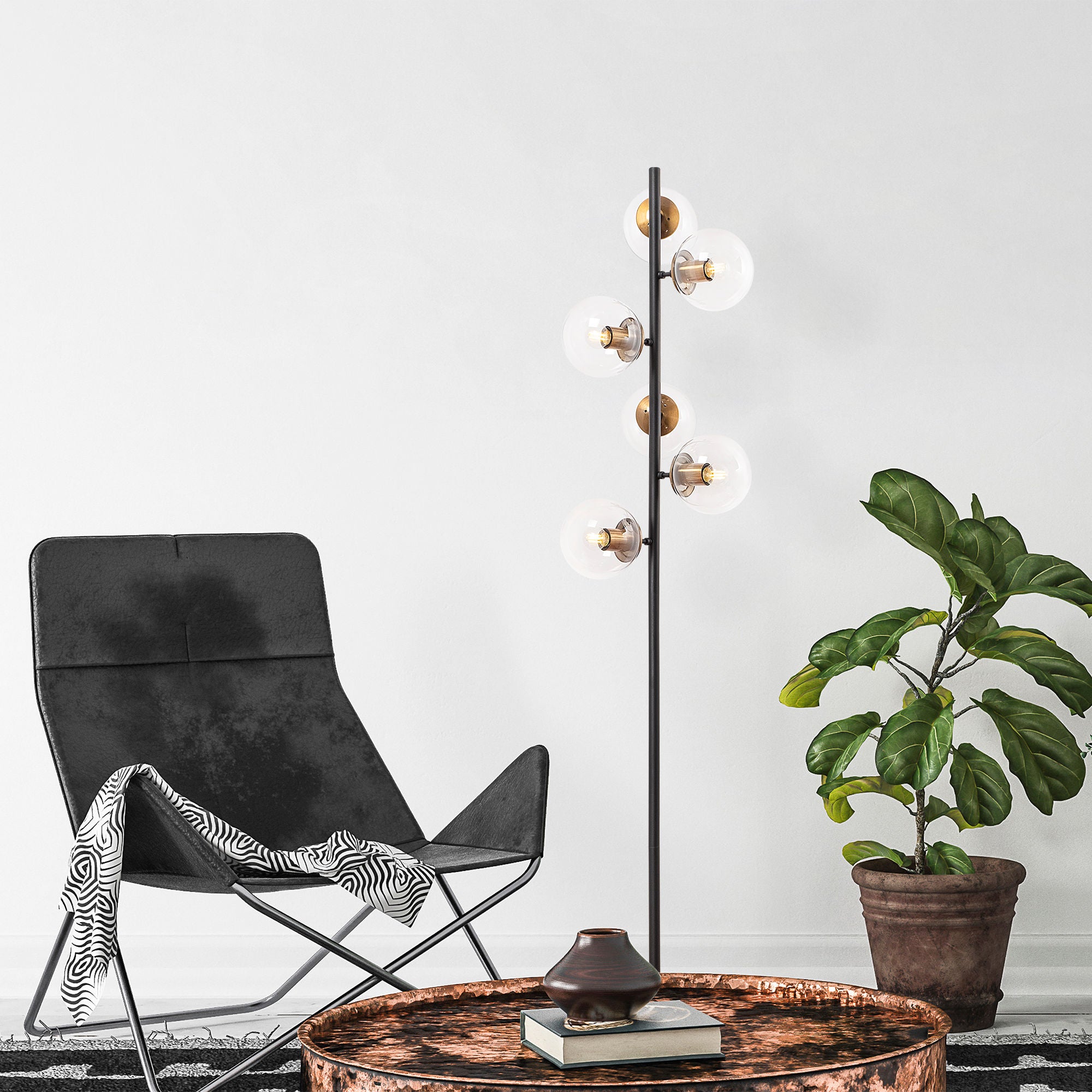 Candeeiro de Pé moderna com corpo de metal e tampa de vidro, 35 x 22 x 163 cm | Acabamento antigo e preto, 6 soquetes E14, design elegante para decoração glamourosa e escandinava
