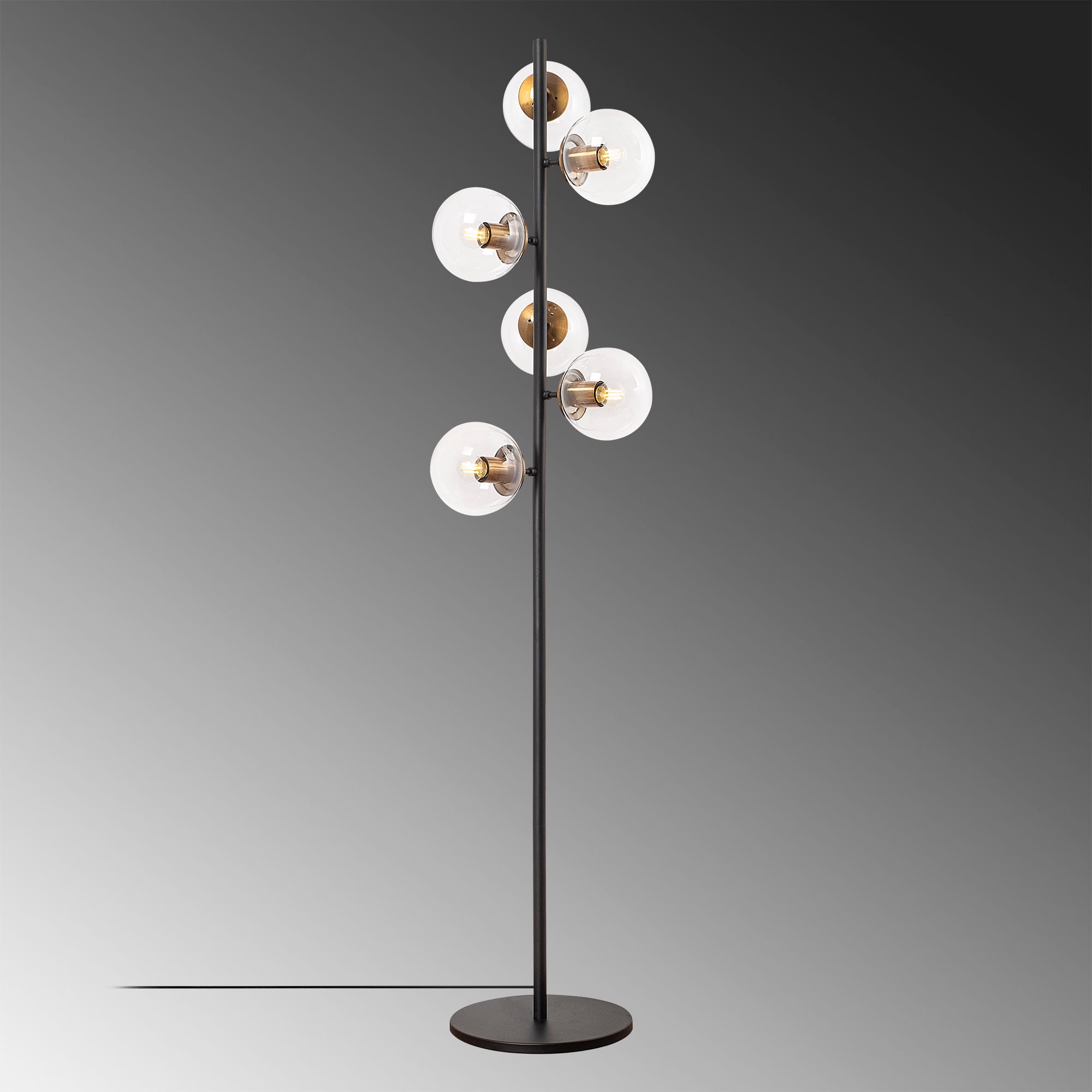Candeeiro de Pé moderna com corpo de metal e tampa de vidro, 35 x 22 x 163 cm | Acabamento antigo e preto, 6 soquetes E14, design elegante para decoração glamourosa e escandinava