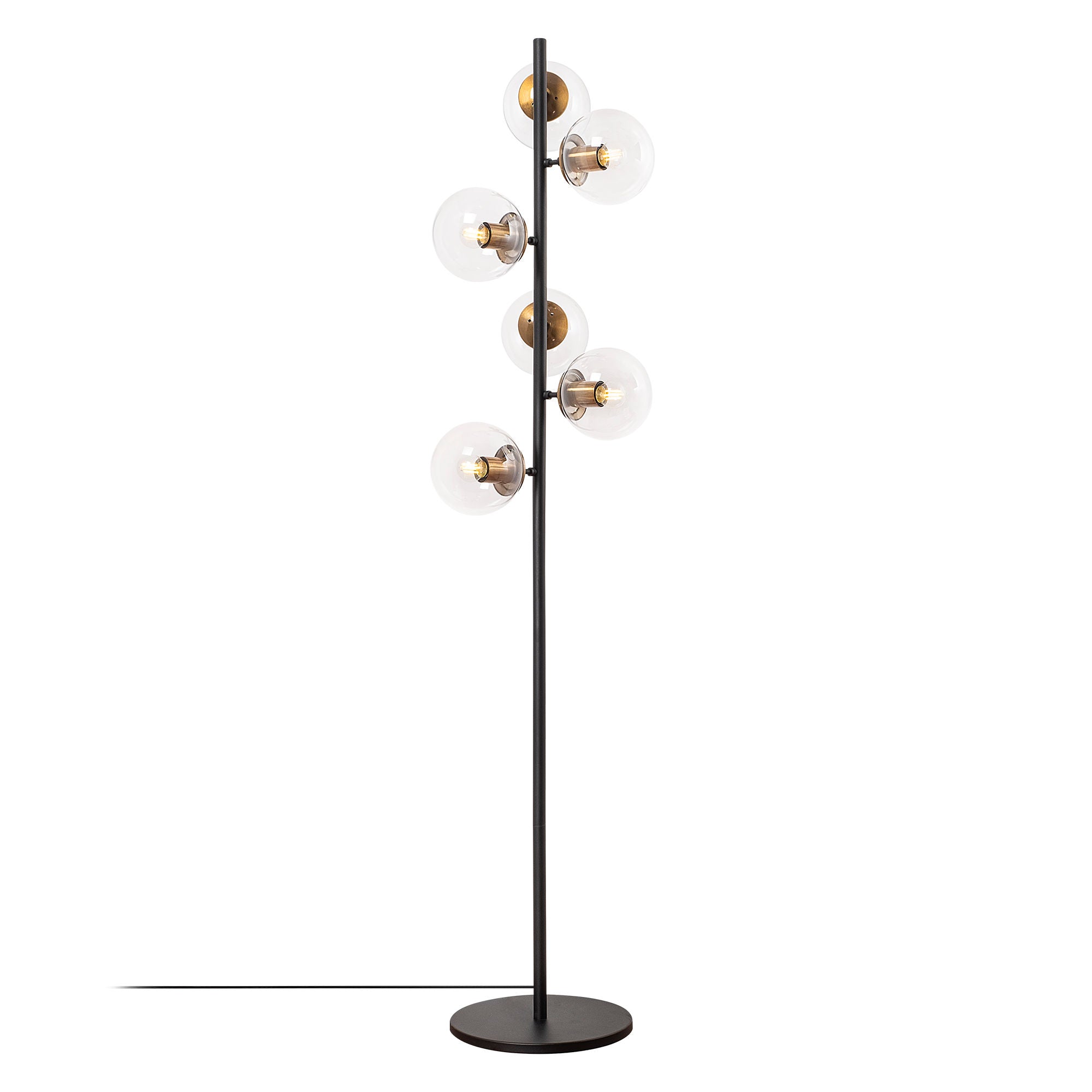 Candeeiro de Pé moderna com corpo de metal e tampa de vidro, 35 x 22 x 163 cm | Acabamento antigo e preto, 6 soquetes E14, design elegante para decoração glamourosa e escandinava