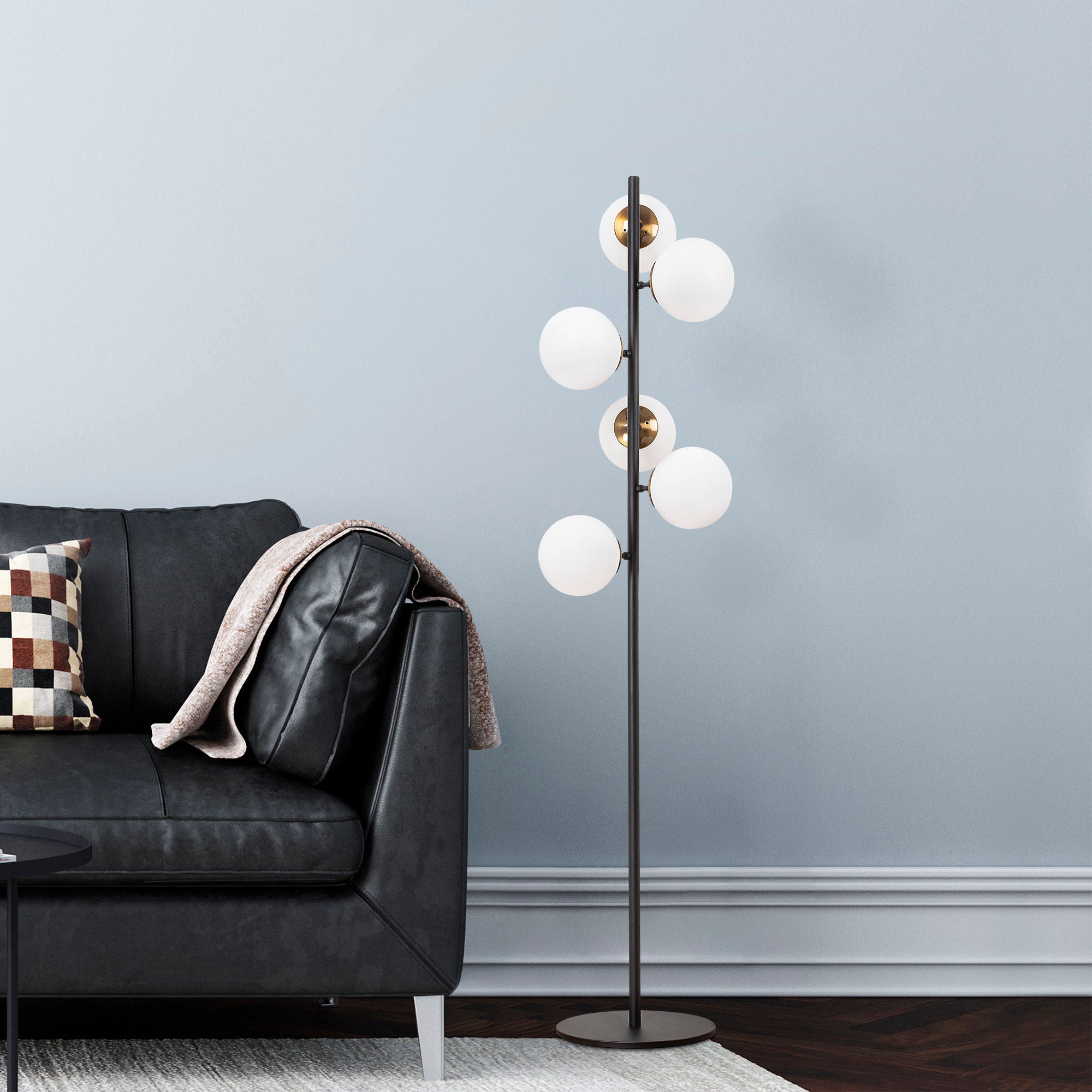 Candeeiro de Pé moderna com corpo de metal e tampa de vidro, preta, 35 x 22 x 163 cm | 6 soquetes E14, design escandinavo elegante para casa e escritório