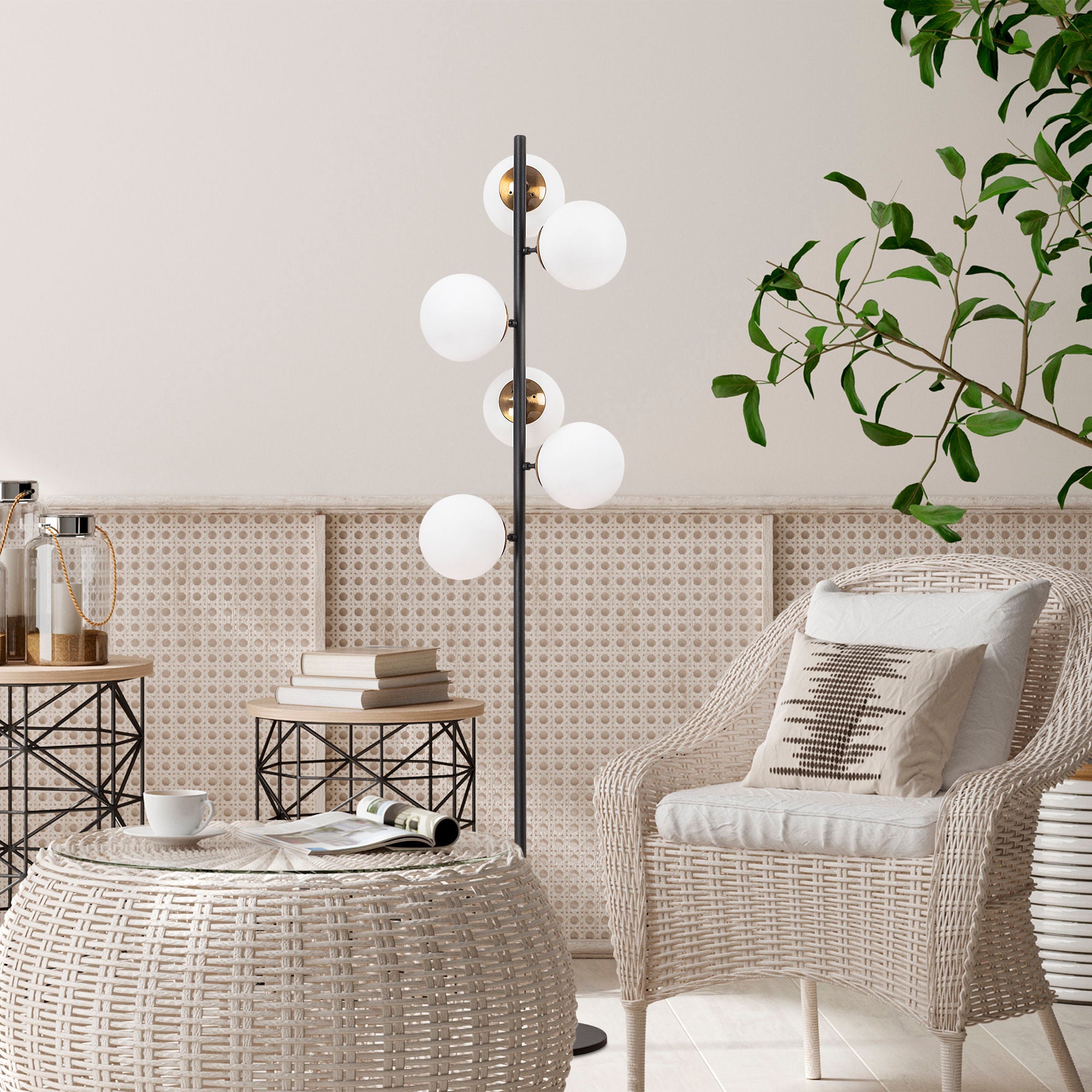 Candeeiro de Pé moderna com corpo de metal e tampa de vidro, preta, 35 x 22 x 163 cm | 6 soquetes E14, design escandinavo elegante para casa e escritório